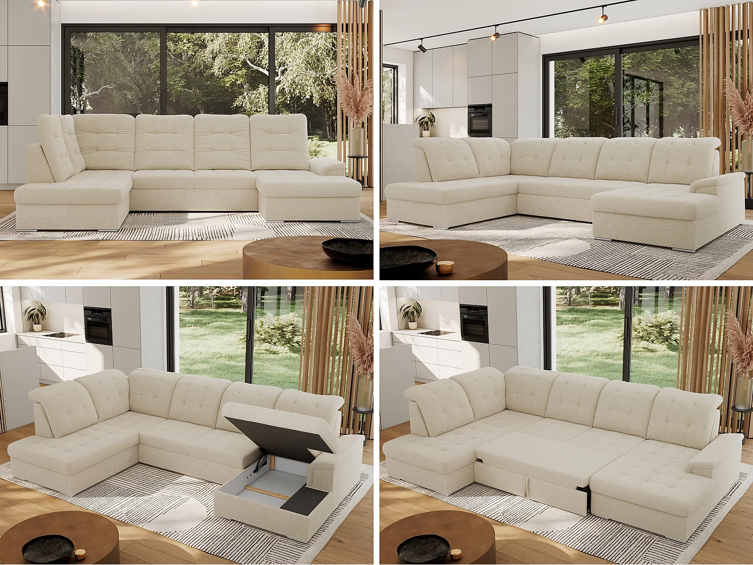 Ecksofa MADRITO U - mit verstellbarer Rückenlehne, Armlehne, L-förmige Ecke, Bettkasten - Beige Boucle - Ecke Links