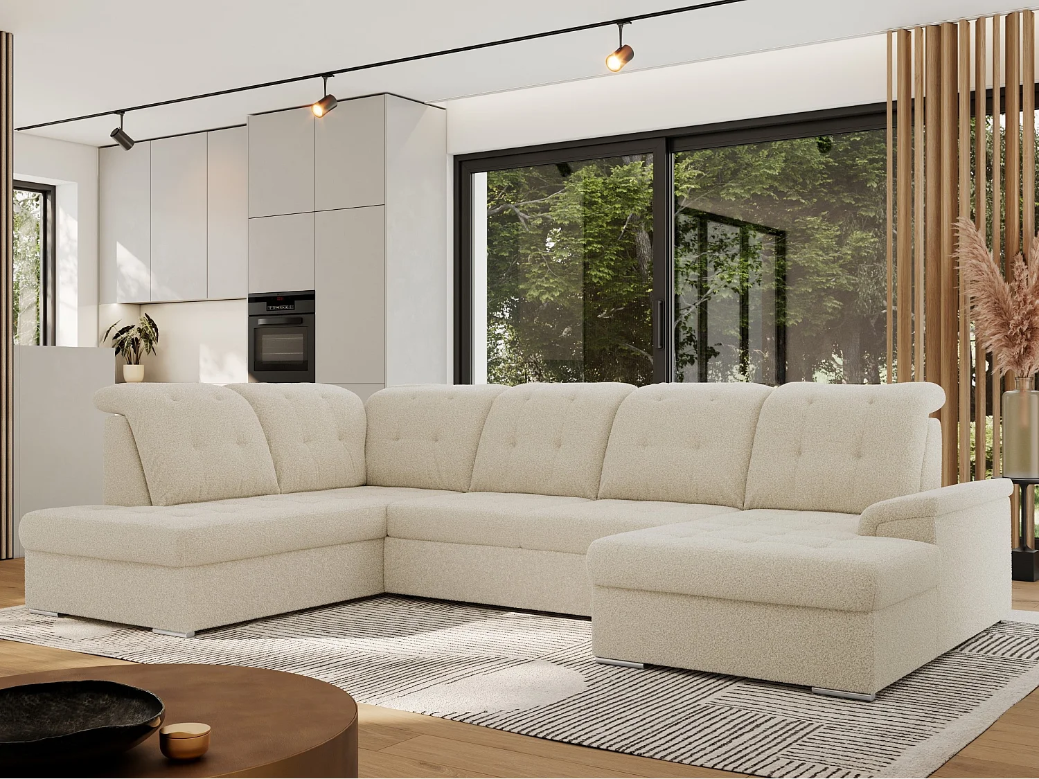 Ecksofa MADRITO U - mit verstellbarer Rückenlehne, Armlehne, L-förmige Ecke, Bettkasten - Beige Boucle - Ecke Links