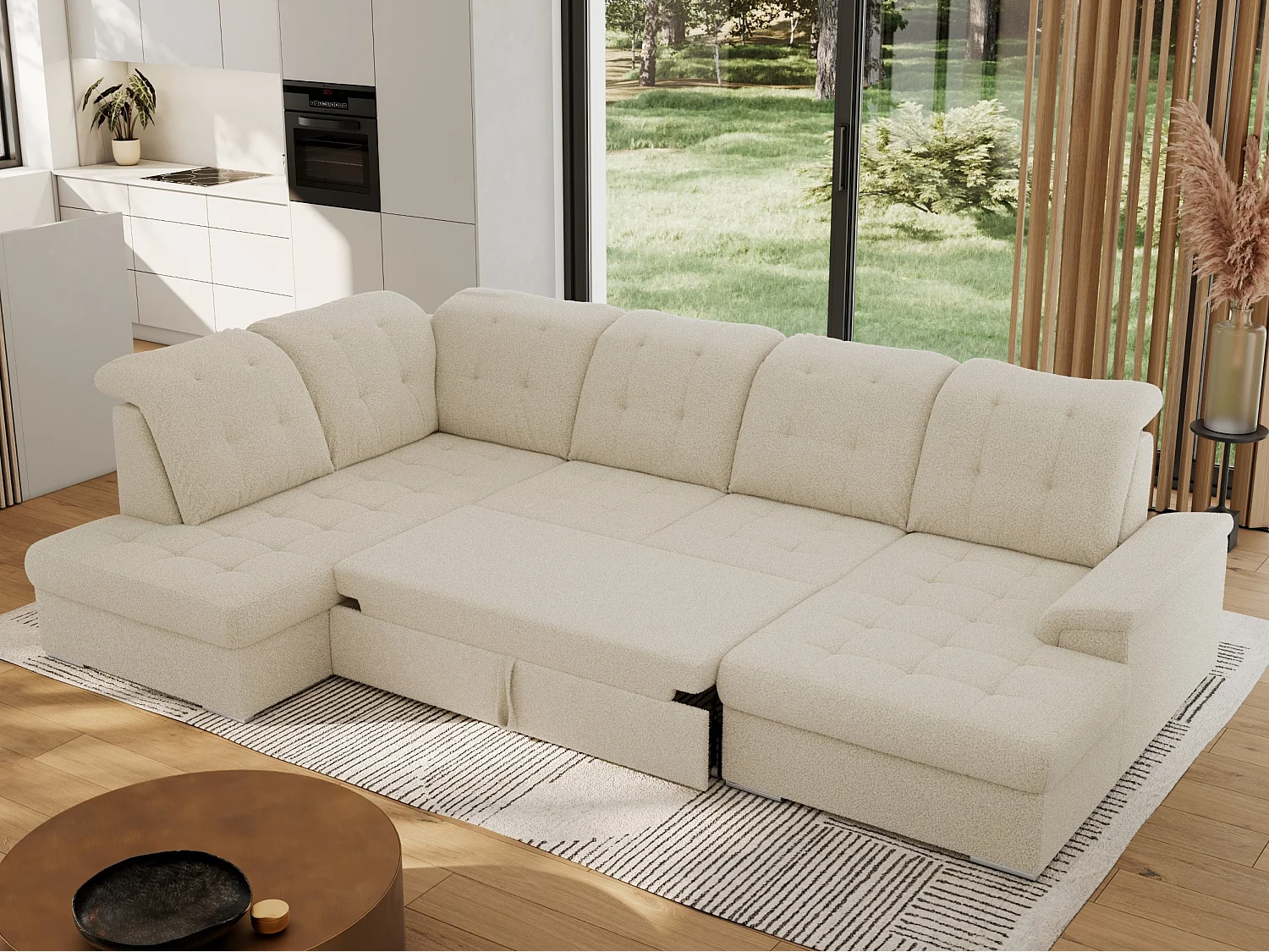 Ecksofa MADRITO U - mit verstellbarer Rückenlehne, Armlehne, L-förmige Ecke, Bettkasten - Beige Boucle - Ecke Links