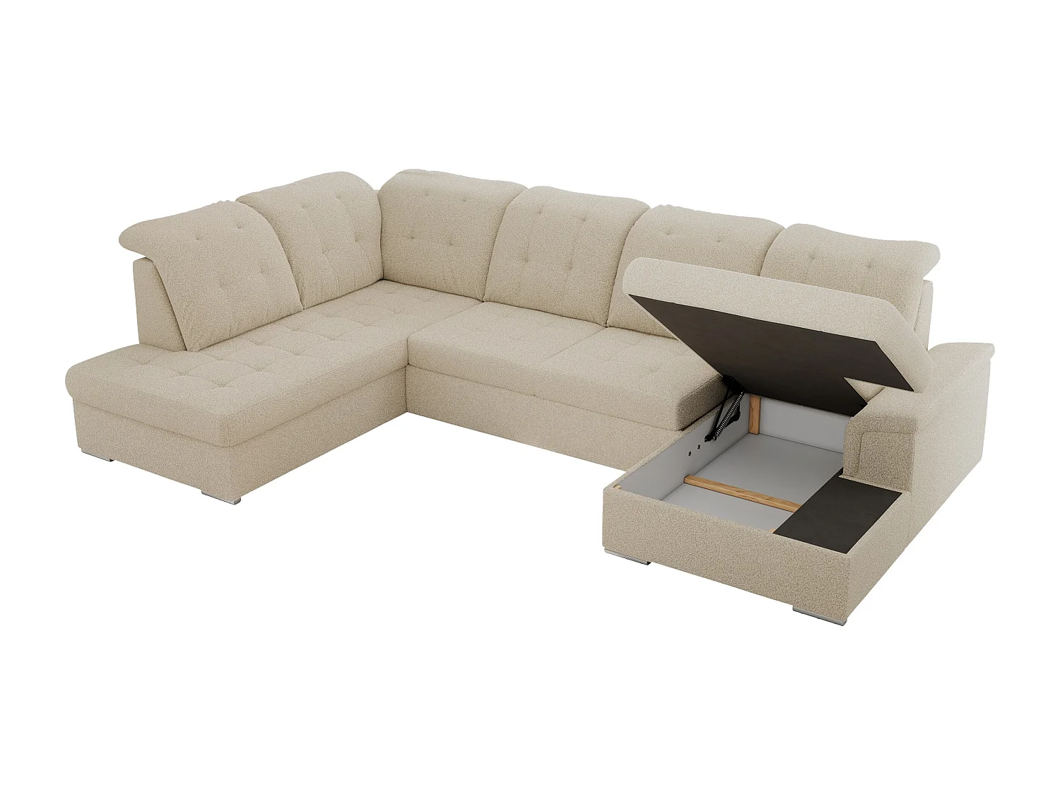 Ecksofa MADRITO U - mit verstellbarer Rückenlehne, Armlehne, L-förmige Ecke, Bettkasten - Beige Boucle - Ecke Links