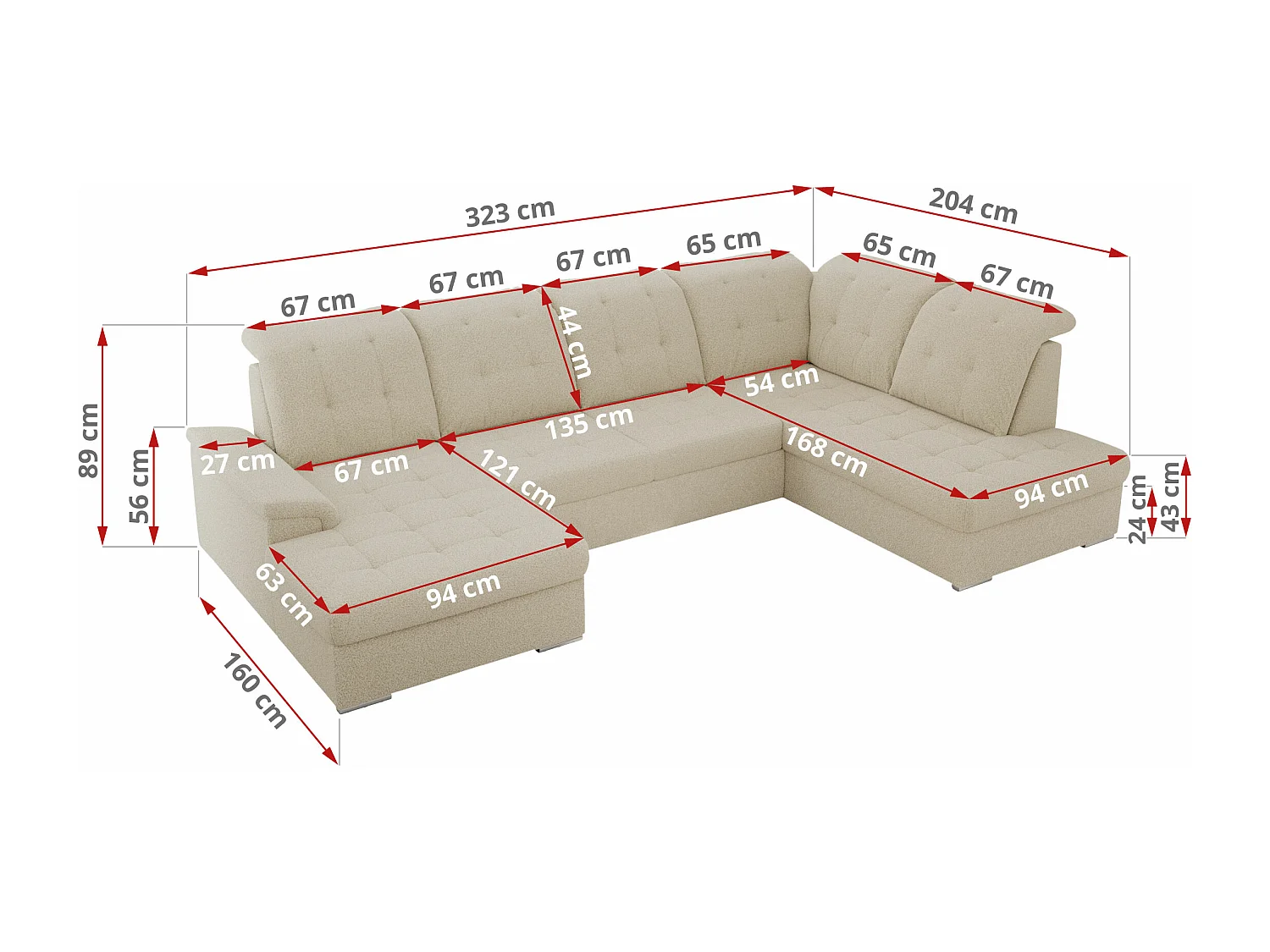 Ecksofa MADRITO U - mit verstellbarer Rückenlehne, Armlehne, L-förmige Ecke, Bettkasten - Beige Boucle - Ecke Links