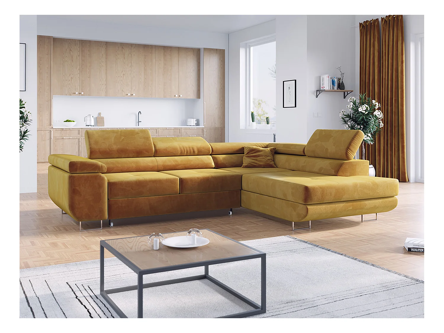 Ecksofa GUSTAW - mit Schlaffunktion, verstellbare Kopfstützen, Metallbeine - Gelb Velvet - Ecke Rechts