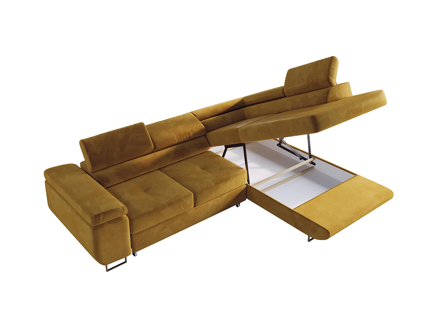 Ecksofa GUSTAW - mit Schlaffunktion, verstellbare Kopfstützen, Metallbeine - Gelb Velvet - Ecke Rechts