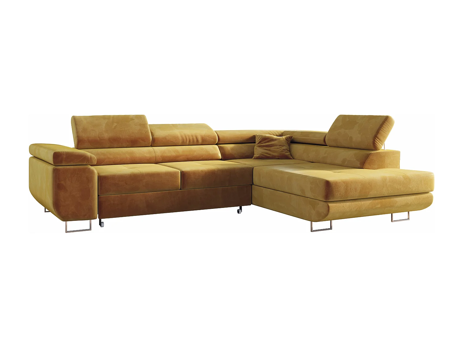 Ecksofa GUSTAW - mit Schlaffunktion, verstellbare Kopfstützen, Metallbeine - Gelb Velvet - Ecke Rechts