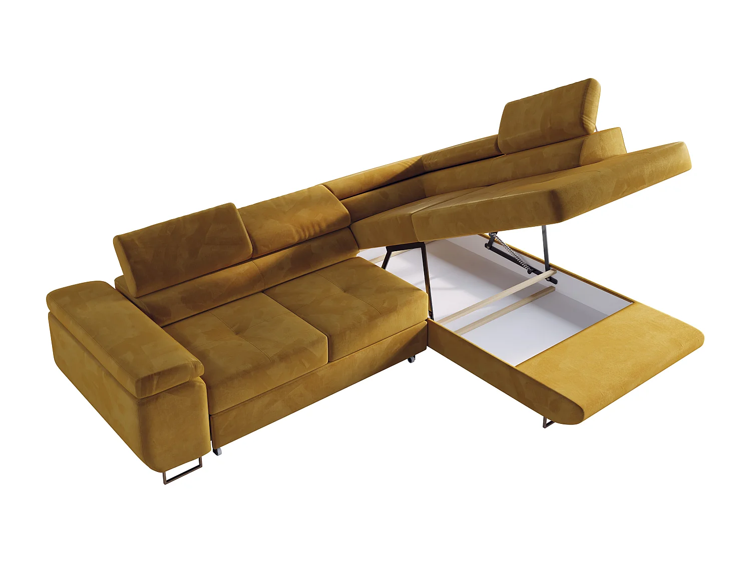 Ecksofa GUSTAW - mit Schlaffunktion, verstellbare Kopfstützen, Metallbeine - Gelb Velvet - Ecke Rechts