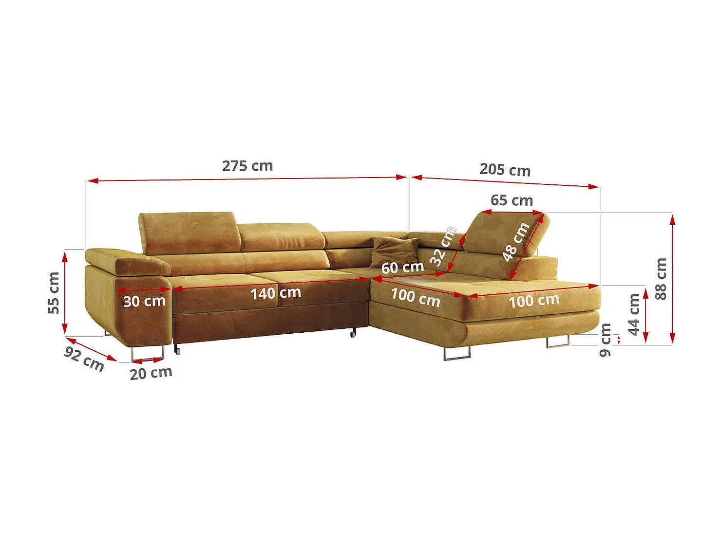 Ecksofa GUSTAW - mit Schlaffunktion, verstellbare Kopfstützen, Metallbeine - Gelb Velvet - Ecke Rechts