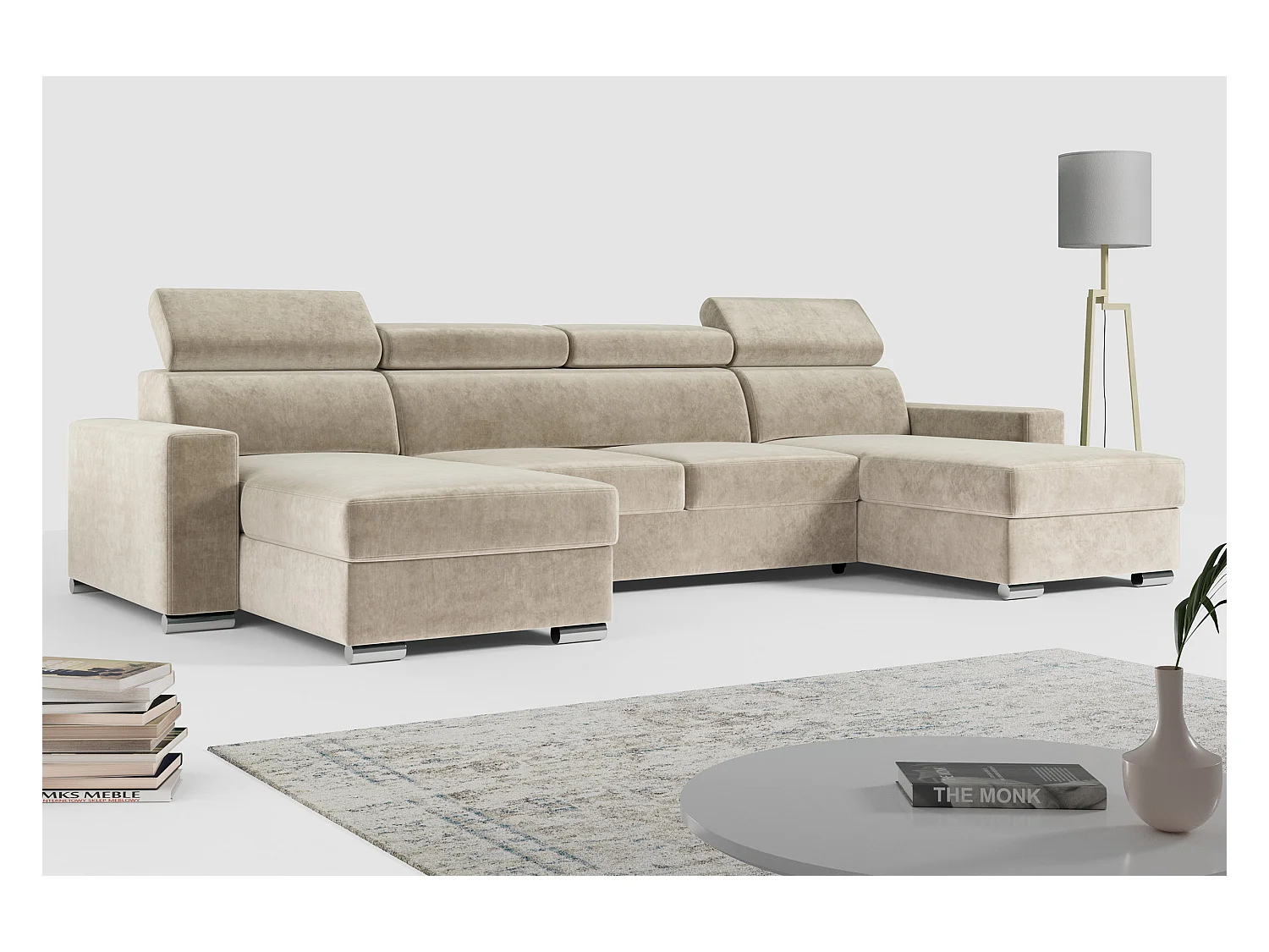 Ecksofa FOX U - verstellbare Kopfstützen, zwei Bettkästen, L-förmige Ecke mit Schlaffunktion, Armlehnen - Beige, Velvet