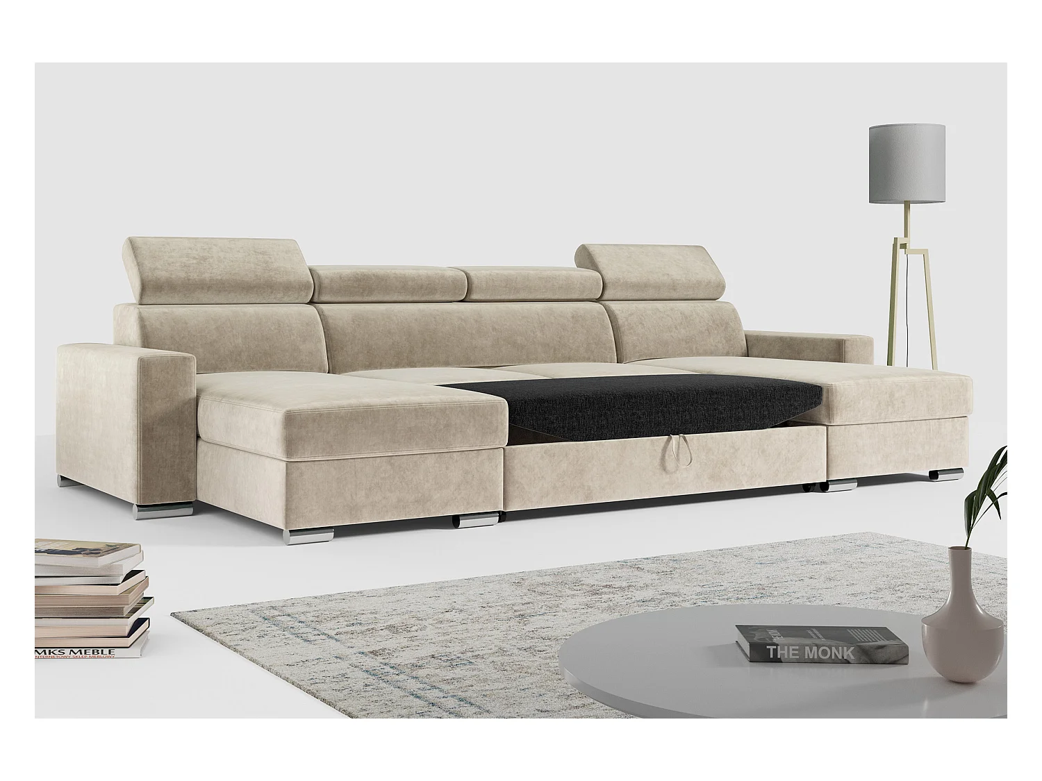 Ecksofa FOX U - verstellbare Kopfstützen, zwei Bettkästen, L-förmige Ecke mit Schlaffunktion, Armlehnen - Beige, Velvet