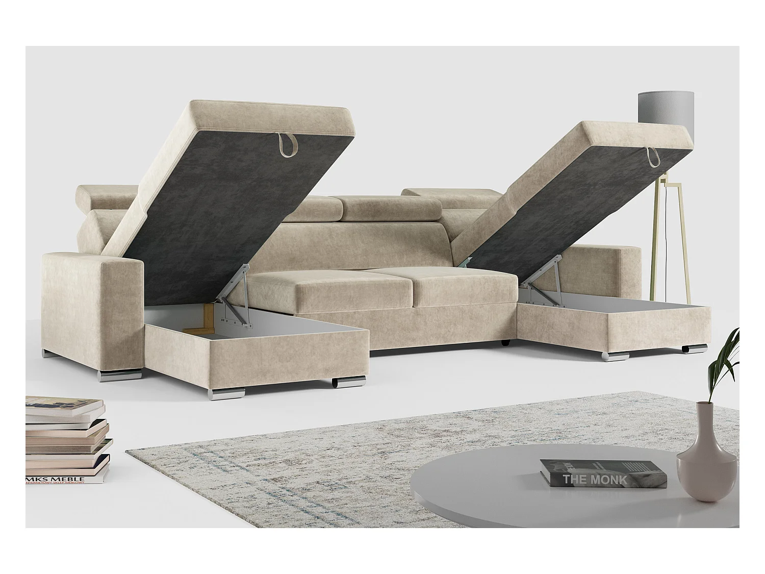 Ecksofa FOX U - verstellbare Kopfstützen, zwei Bettkästen, L-förmige Ecke mit Schlaffunktion, Armlehnen - Beige, Velvet