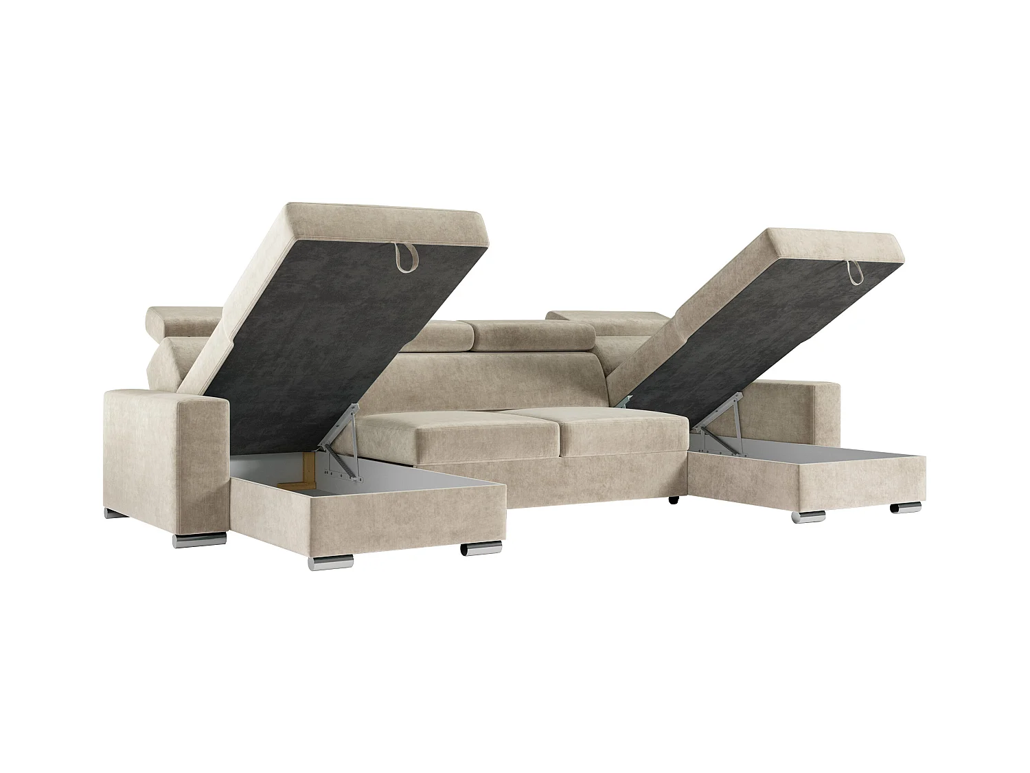 Ecksofa FOX U - verstellbare Kopfstützen, zwei Bettkästen, L-förmige Ecke mit Schlaffunktion, Armlehnen - Beige, Velvet