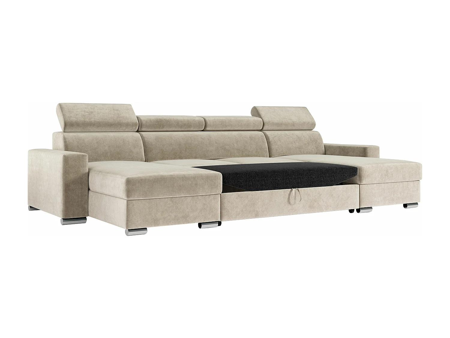 Ecksofa FOX U - verstellbare Kopfstützen, zwei Bettkästen, L-förmige Ecke mit Schlaffunktion, Armlehnen - Beige, Velvet