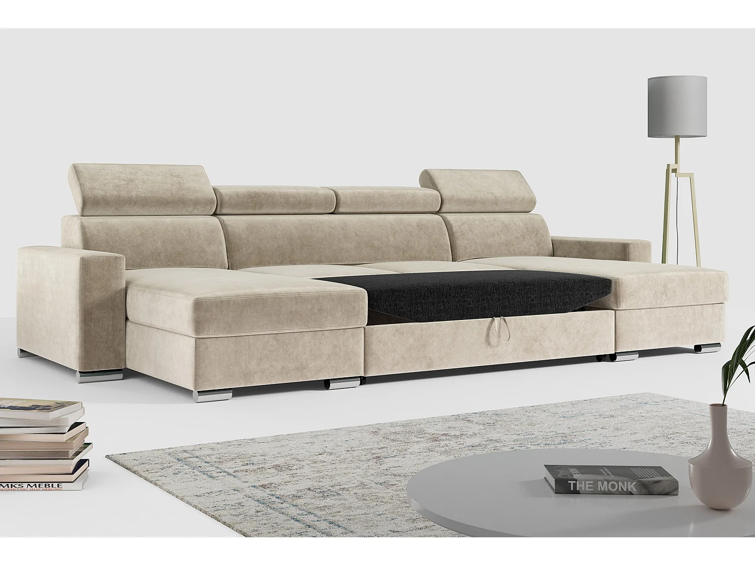 Ecksofa FOX U - verstellbare Kopfstützen, zwei Bettkästen, L-förmige Ecke mit Schlaffunktion, Armlehnen - Beige, Velvet