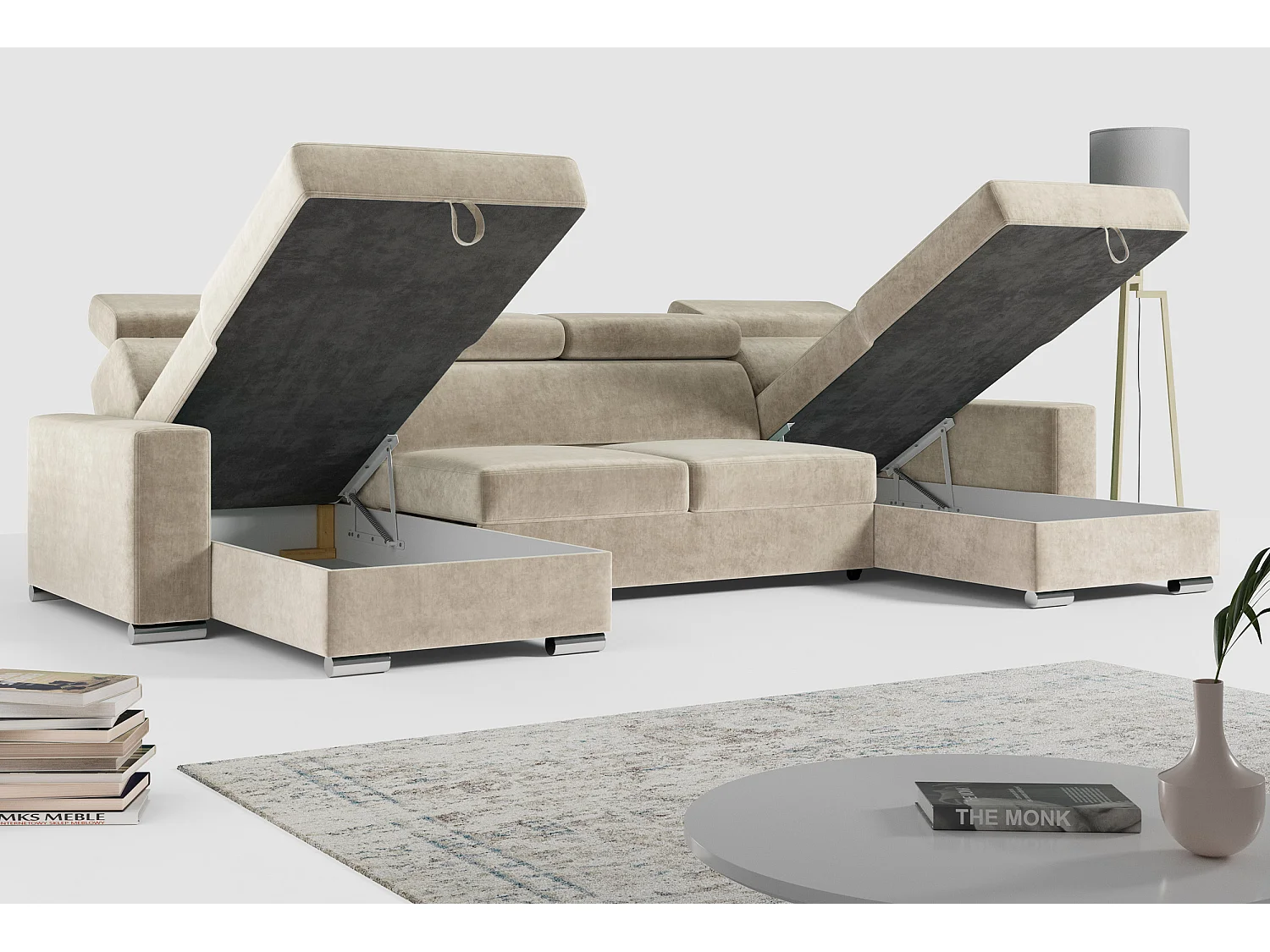 Ecksofa FOX U - verstellbare Kopfstützen, zwei Bettkästen, L-förmige Ecke mit Schlaffunktion, Armlehnen - Beige, Velvet