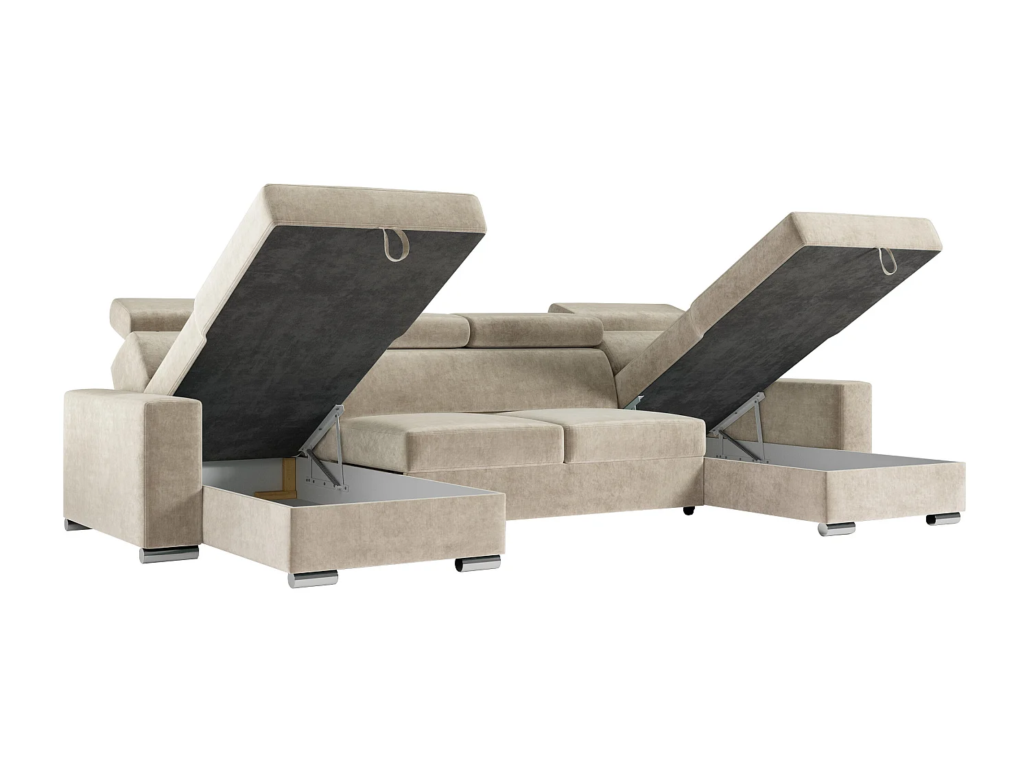 Ecksofa FOX U - verstellbare Kopfstützen, zwei Bettkästen, L-förmige Ecke mit Schlaffunktion, Armlehnen - Beige, Velvet