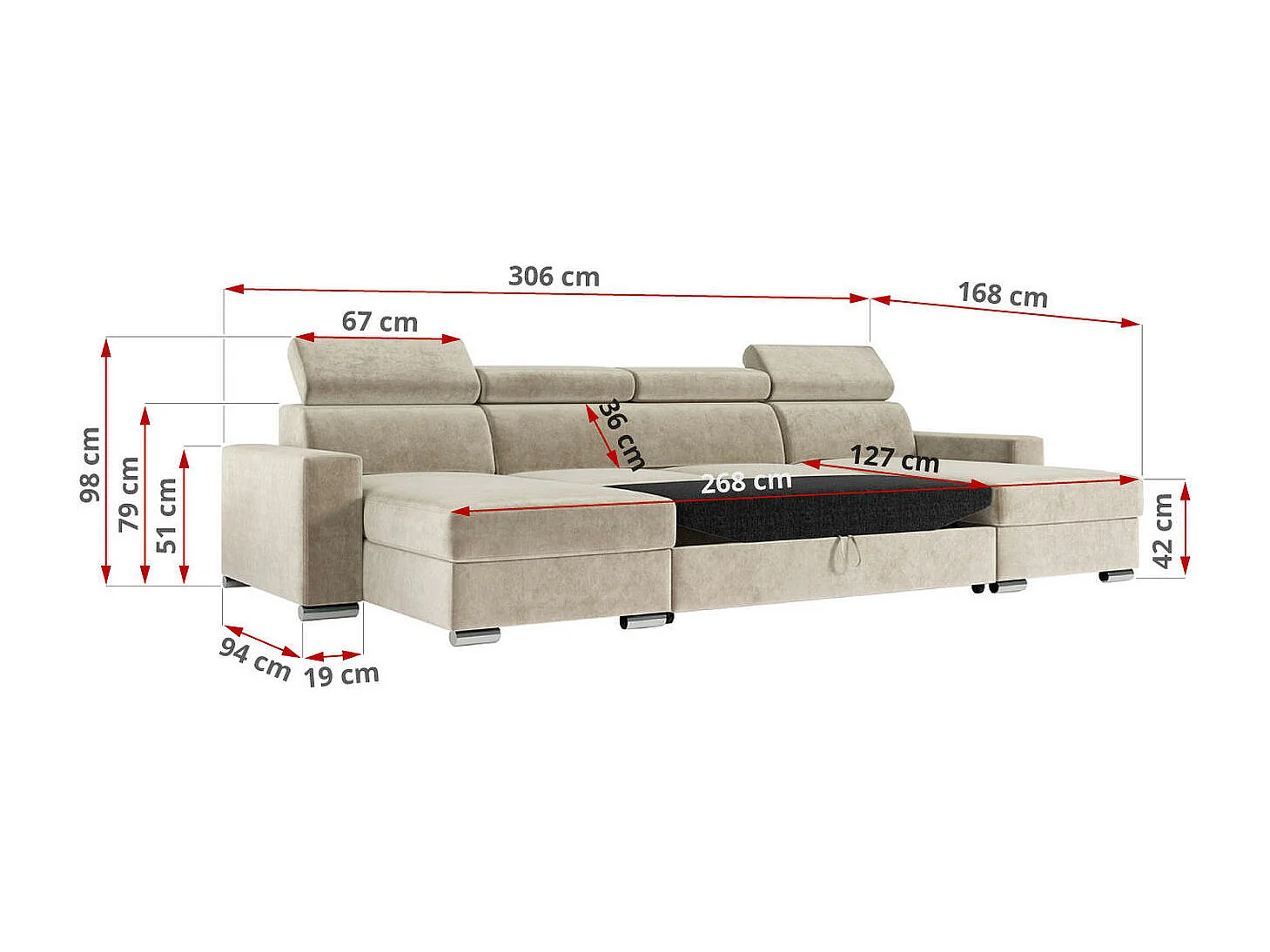 Ecksofa FOX U - verstellbare Kopfstützen, zwei Bettkästen, L-förmige Ecke mit Schlaffunktion, Armlehnen - Beige, Velvet