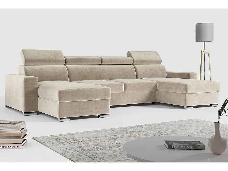 Ecksofa FOX U - verstellbare Kopfstützen, zwei Bettkästen, L-förmige Ecke mit Schlaffunktion, Armlehnen - Beige, Velvet