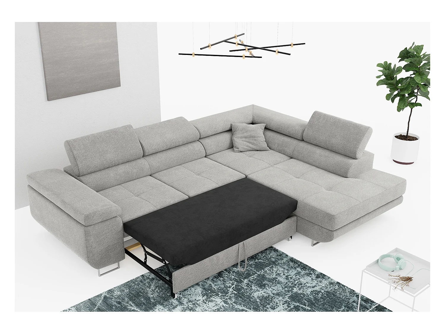 Ecksofa GUSTAW - mit Schlaffunktion, verstellbare Kopfstützen, Metallbeine - Hellgrau Stukture - Ecke Rechts