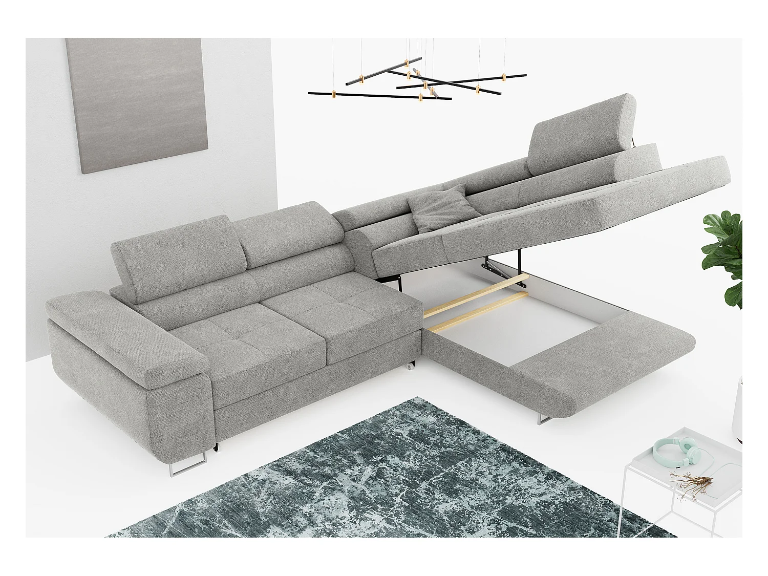 Ecksofa GUSTAW - mit Schlaffunktion, verstellbare Kopfstützen, Metallbeine - Hellgrau Stukture - Ecke Rechts