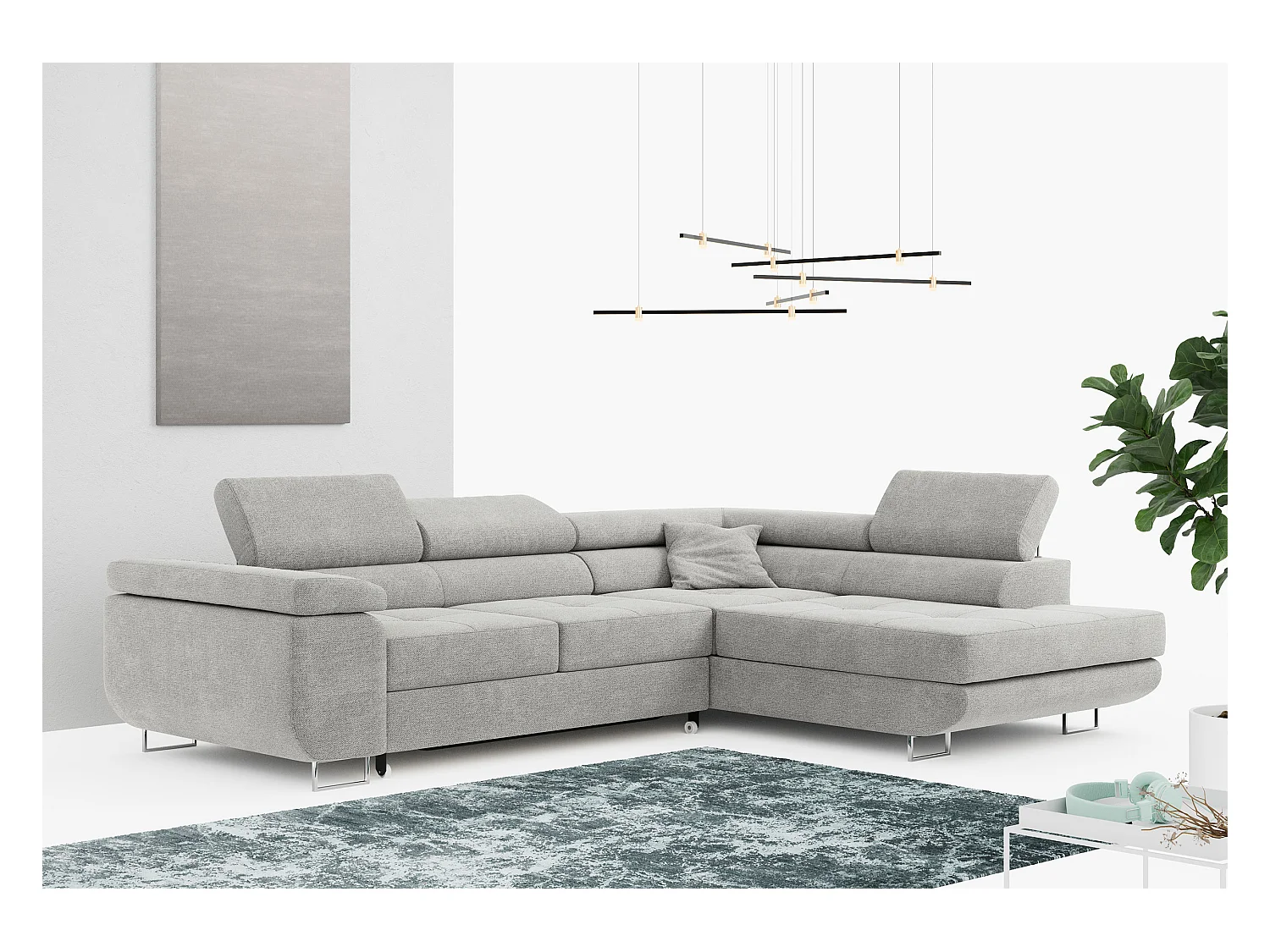 Ecksofa GUSTAW - mit Schlaffunktion, verstellbare Kopfstützen, Metallbeine - Hellgrau Stukture - Ecke Rechts