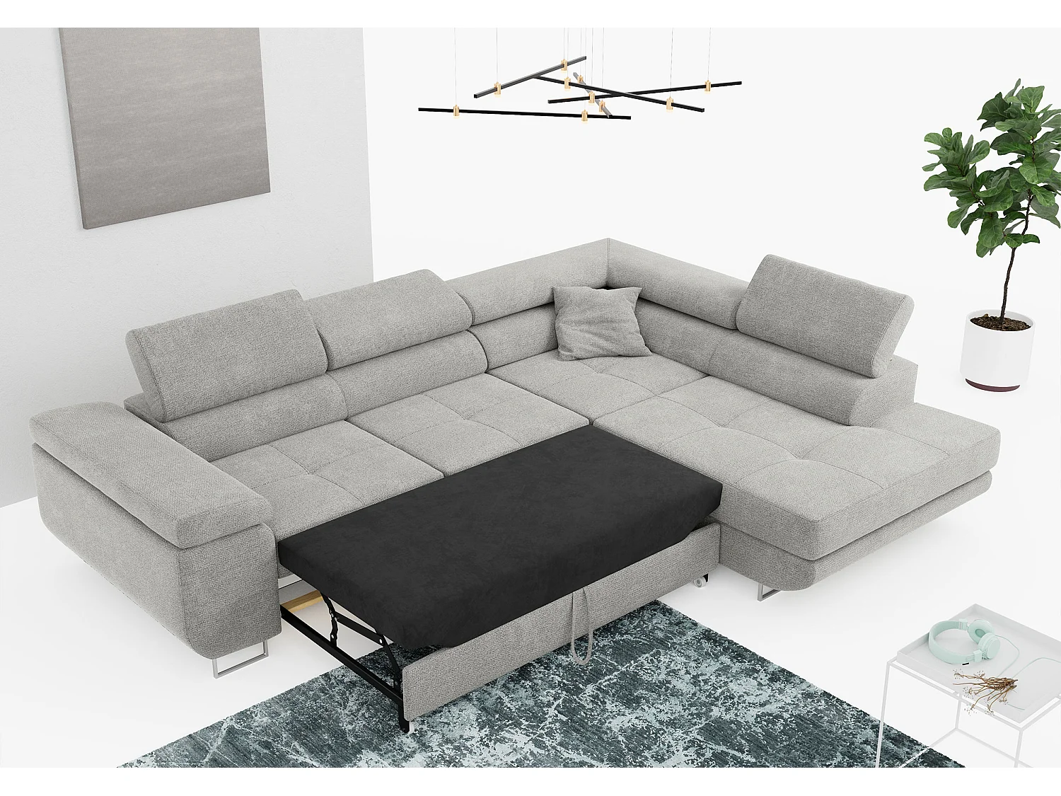 Ecksofa GUSTAW - mit Schlaffunktion, verstellbare Kopfstützen, Metallbeine - Hellgrau Stukture - Ecke Rechts