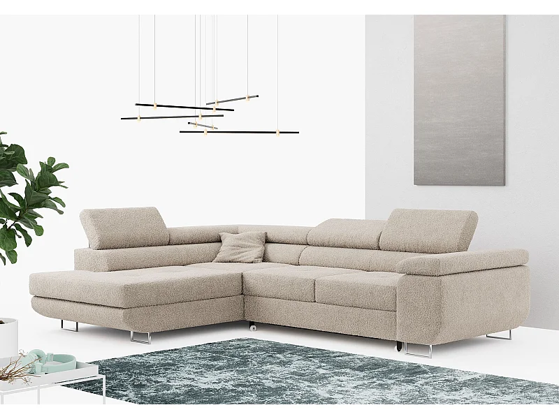 Ecksofa GUSTAW - mit Schlaffunktion, verstellbare Kopfstützen, Metallbeine - Creme Boucle - Ecke Links