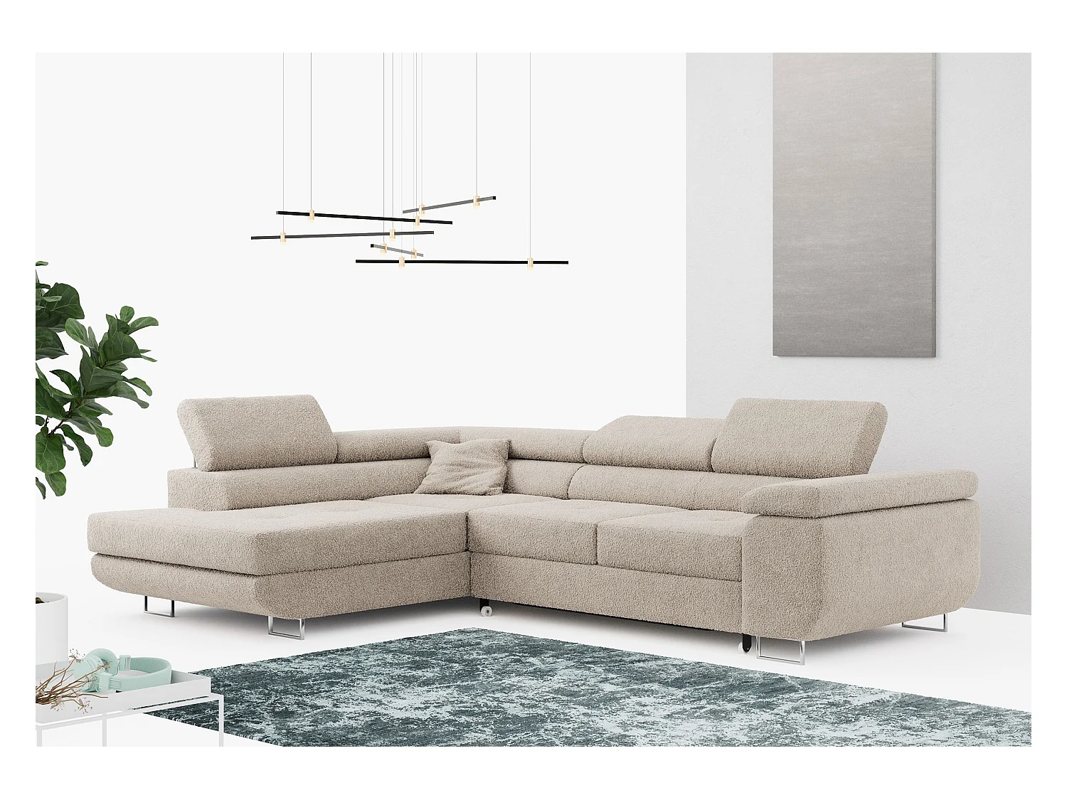 Ecksofa GUSTAW - mit Schlaffunktion, verstellbare Kopfstützen, Metallbeine - Creme Boucle - Ecke Links