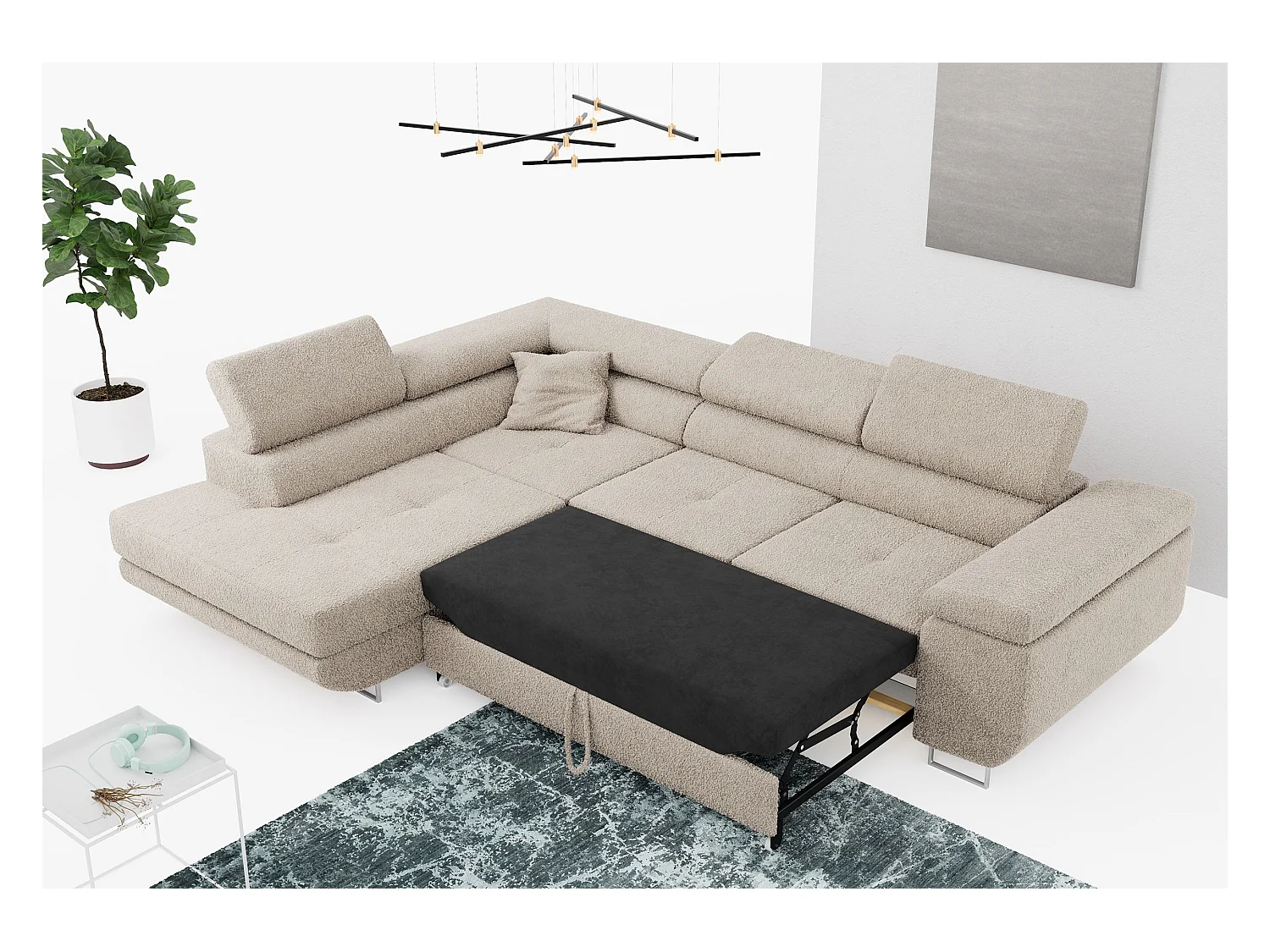 Ecksofa GUSTAW - mit Schlaffunktion, verstellbare Kopfstützen, Metallbeine - Creme Boucle - Ecke Links