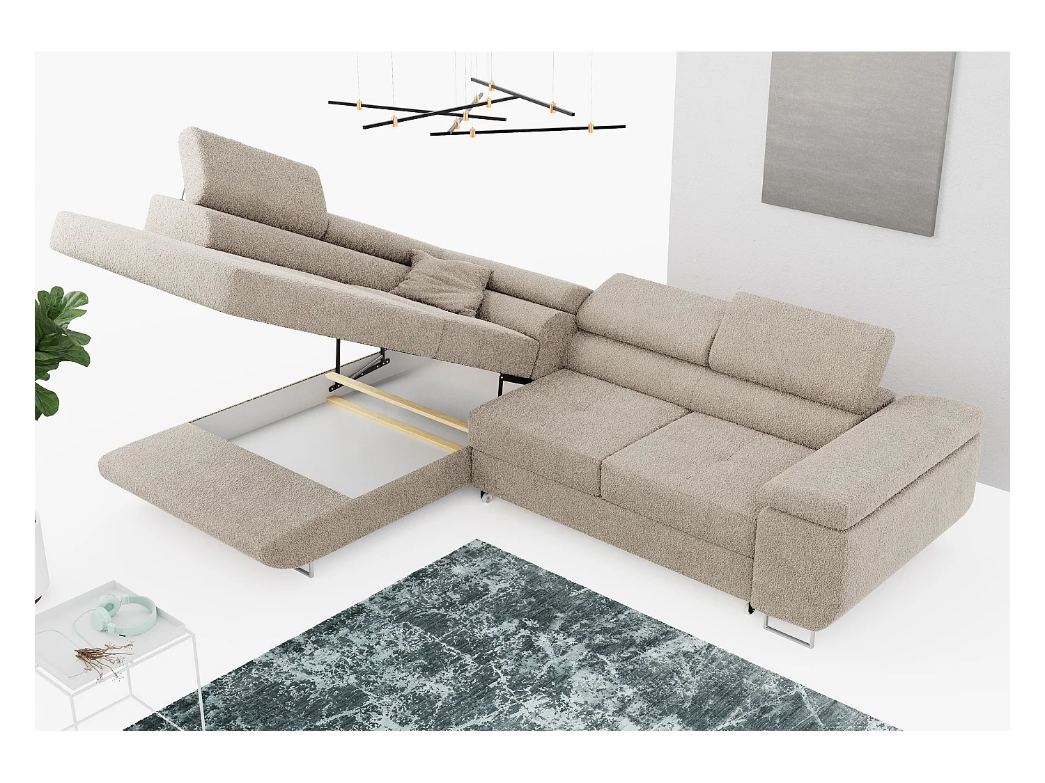 Ecksofa GUSTAW - mit Schlaffunktion, verstellbare Kopfstützen, Metallbeine - Creme Boucle - Ecke Links