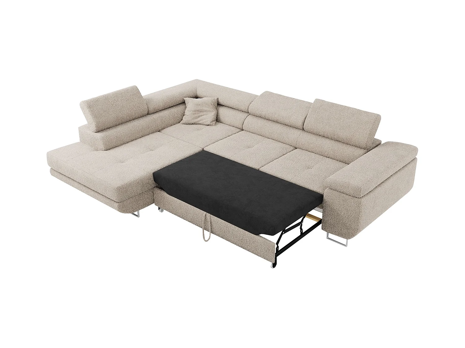 Ecksofa GUSTAW - mit Schlaffunktion, verstellbare Kopfstützen, Metallbeine - Creme Boucle - Ecke Links