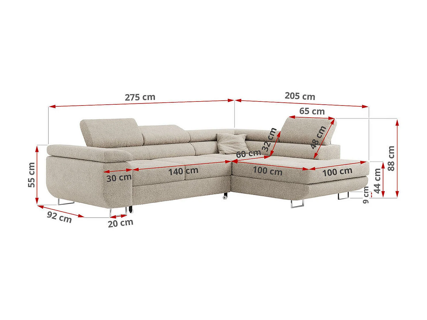 Ecksofa GUSTAW - mit Schlaffunktion, verstellbare Kopfstützen, Metallbeine - Creme Boucle - Ecke Links