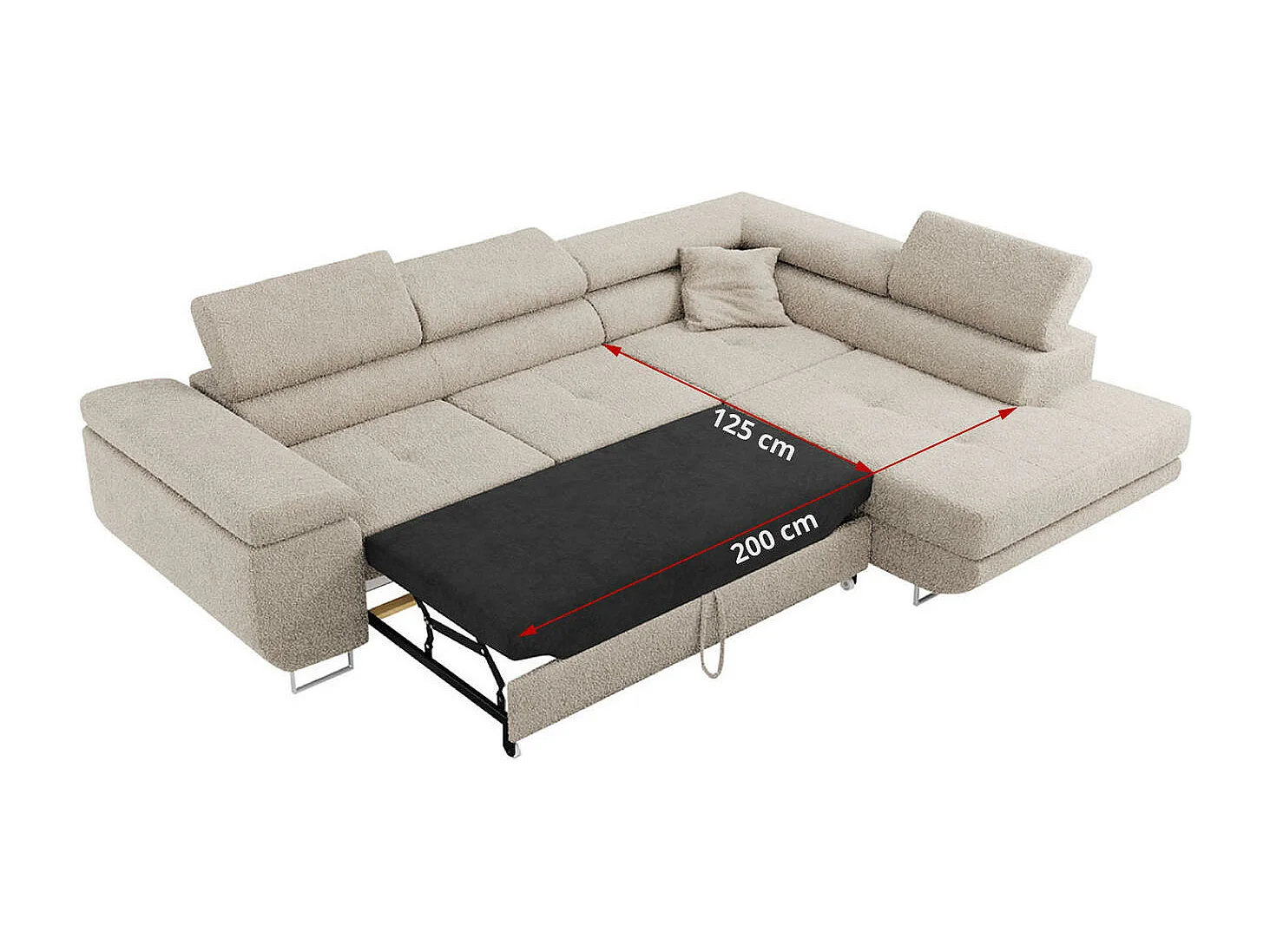 Ecksofa GUSTAW - mit Schlaffunktion, verstellbare Kopfstützen, Metallbeine - Creme Boucle - Ecke Links