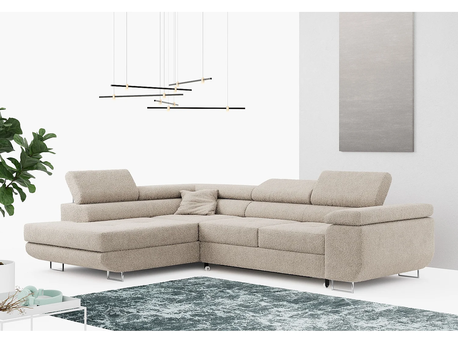 Ecksofa GUSTAW - mit Schlaffunktion, verstellbare Kopfstützen, Metallbeine - Creme Boucle - Ecke Links