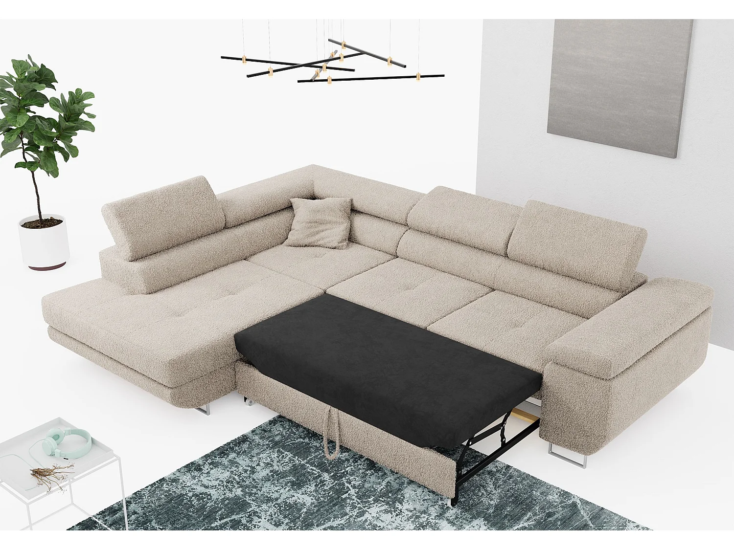 Ecksofa GUSTAW - mit Schlaffunktion, verstellbare Kopfstützen, Metallbeine - Creme Boucle - Ecke Links