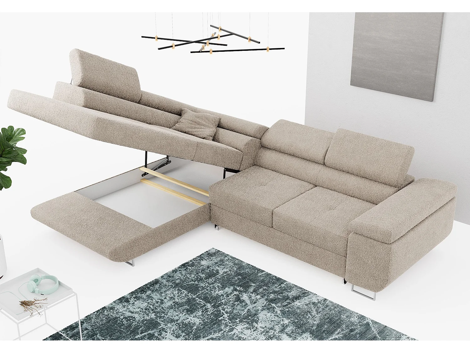 Ecksofa GUSTAW - mit Schlaffunktion, verstellbare Kopfstützen, Metallbeine - Creme Boucle - Ecke Links