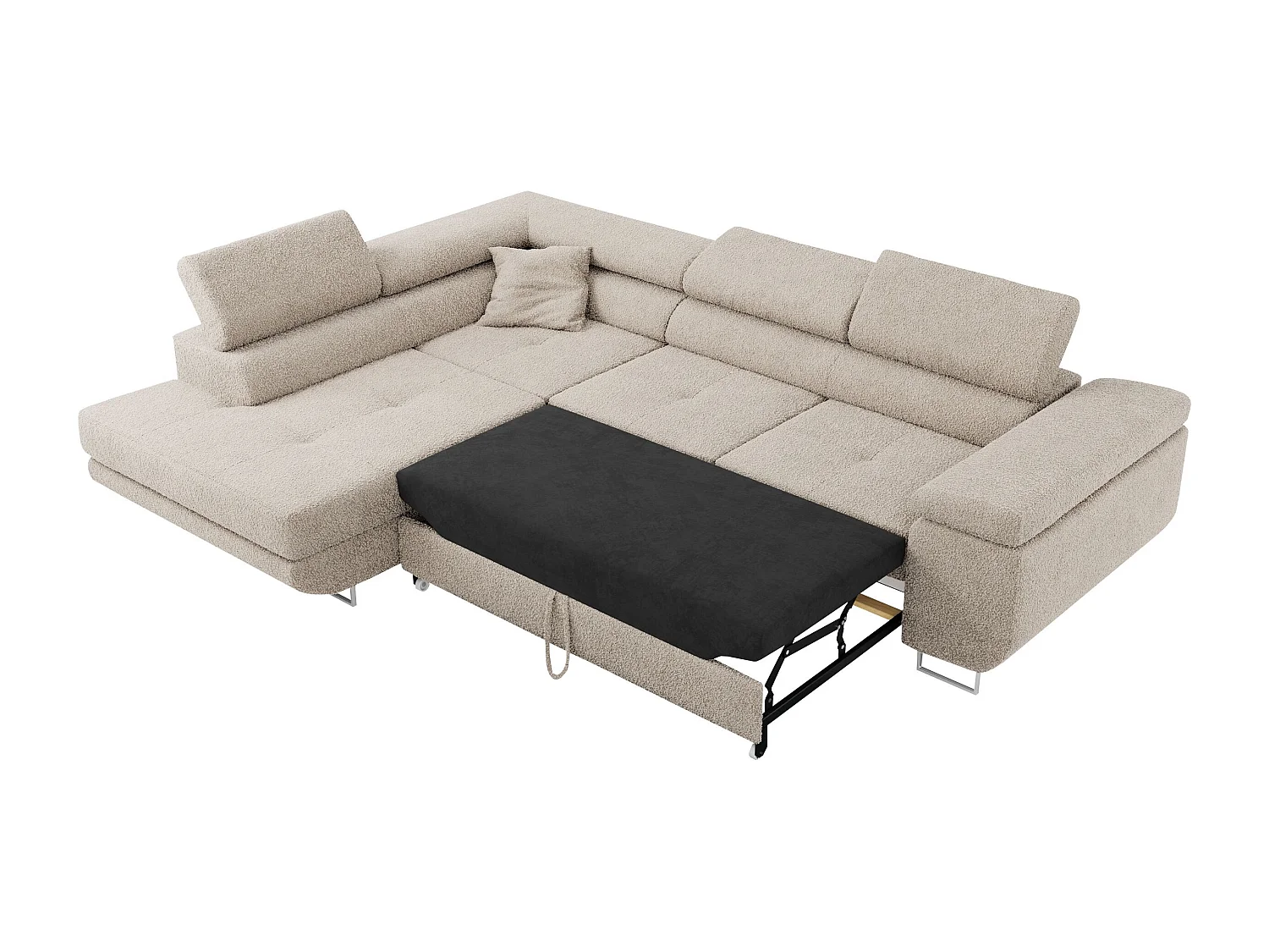 Ecksofa GUSTAW - mit Schlaffunktion, verstellbare Kopfstützen, Metallbeine - Creme Boucle - Ecke Links