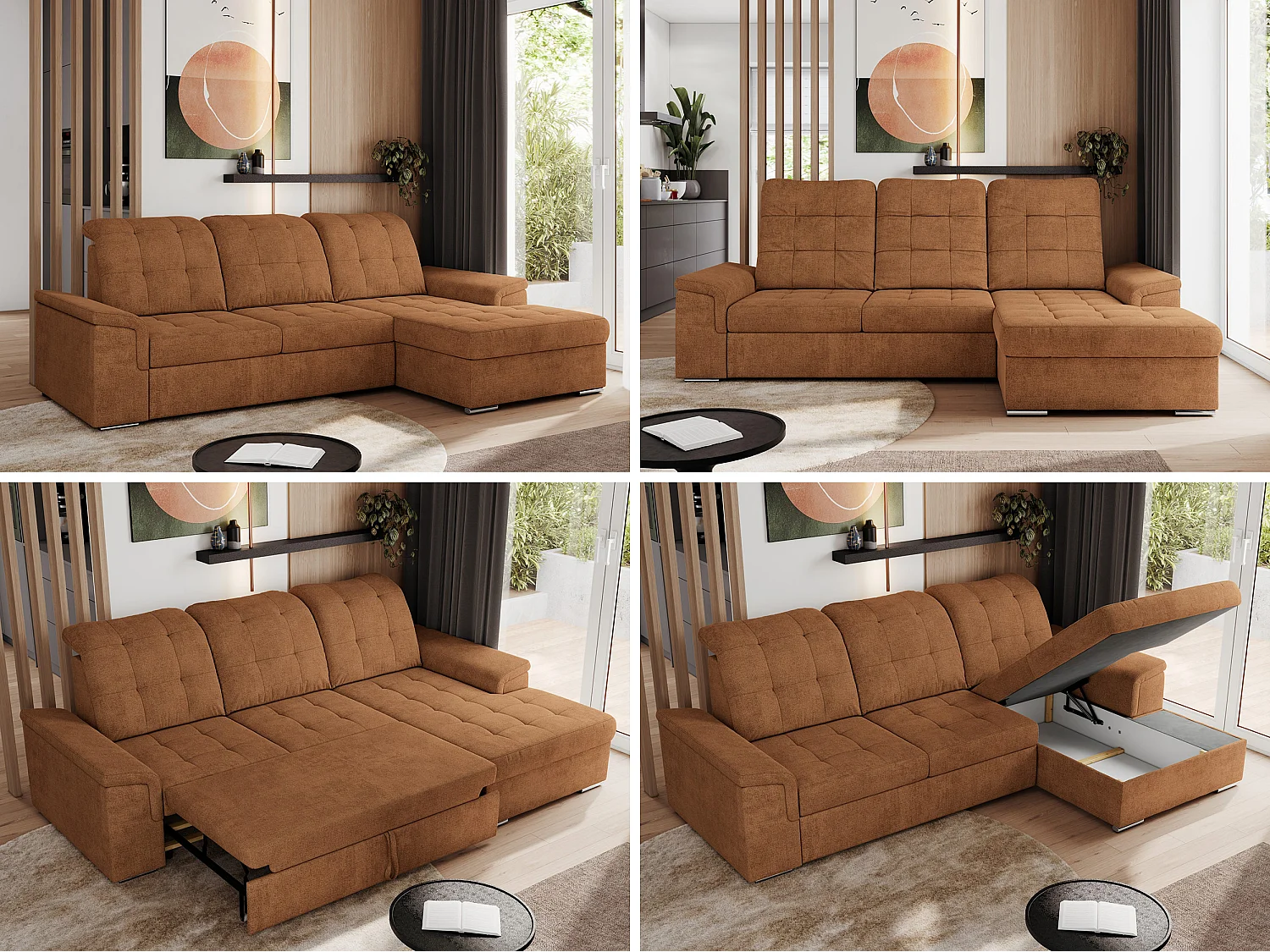 Ecksofa MADRITO - mit verstellbarer Rückenlehne, Armlehnen, gestepptem Sitz und Rückenlehne, Schlaffunktion - Orange Struktur - Ecke Rechts