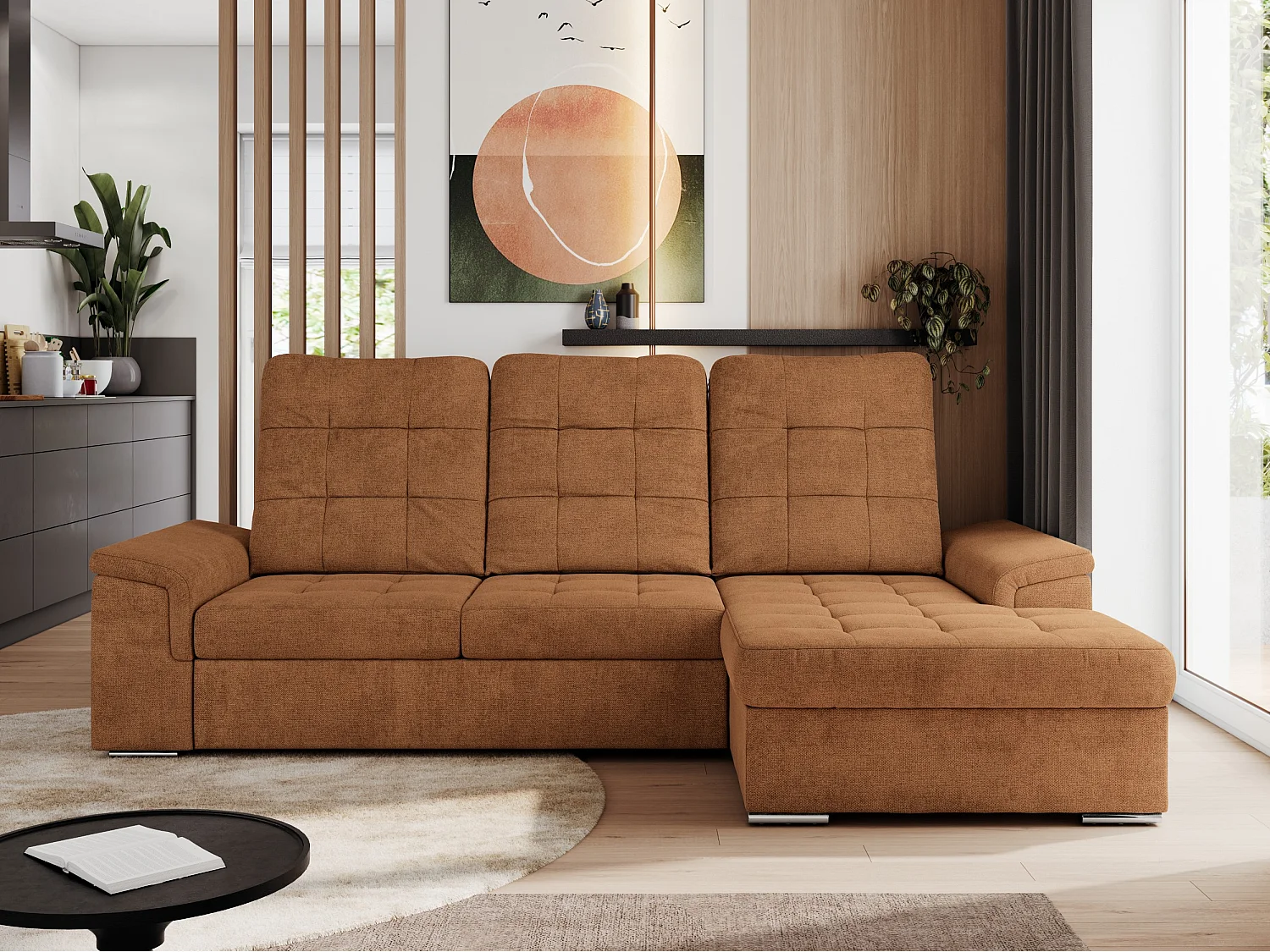 Ecksofa MADRITO - mit verstellbarer Rückenlehne, Armlehnen, gestepptem Sitz und Rückenlehne, Schlaffunktion - Orange Struktur - Ecke Rechts