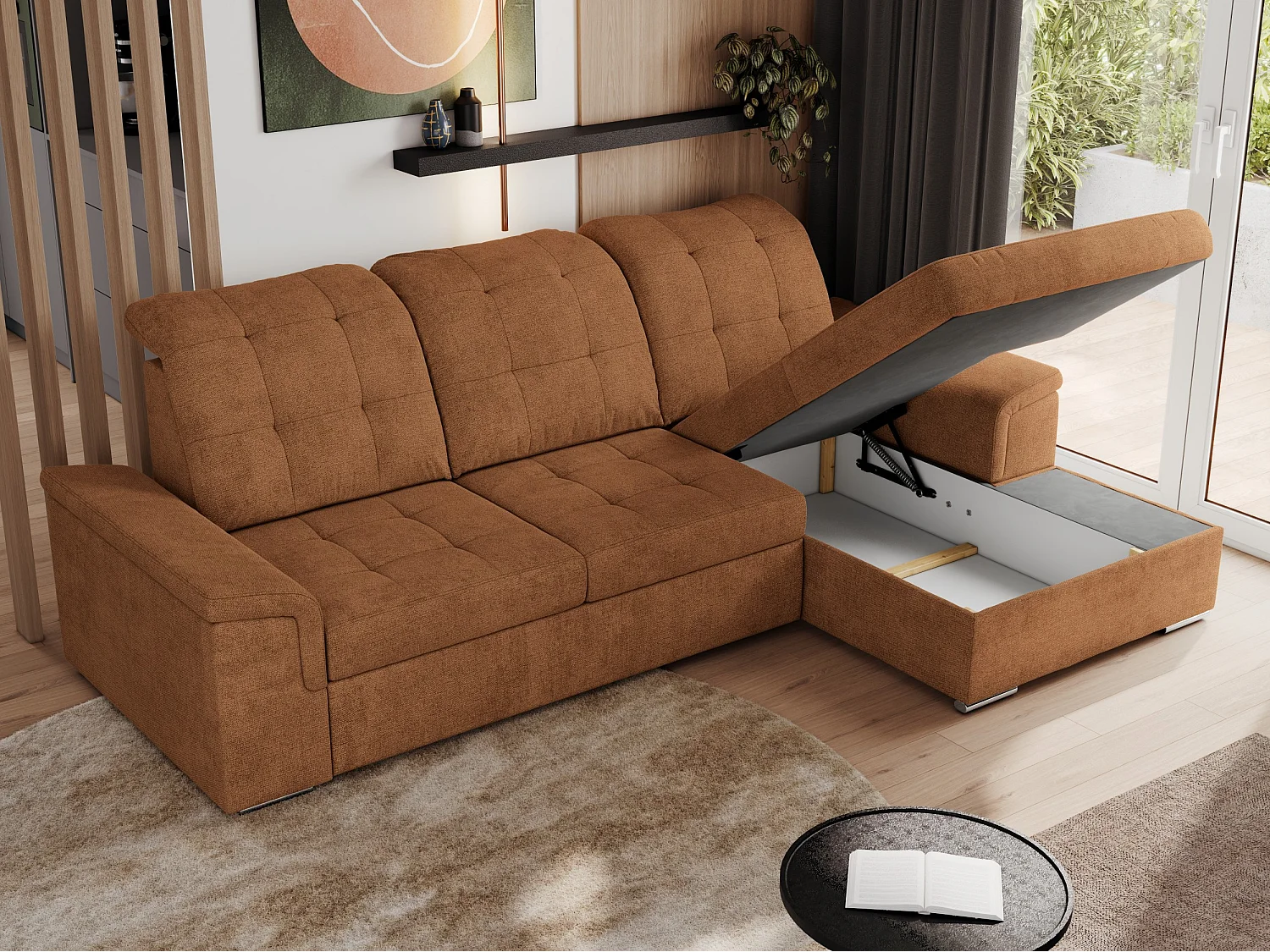 Ecksofa MADRITO - mit verstellbarer Rückenlehne, Armlehnen, gestepptem Sitz und Rückenlehne, Schlaffunktion - Orange Struktur - Ecke Rechts