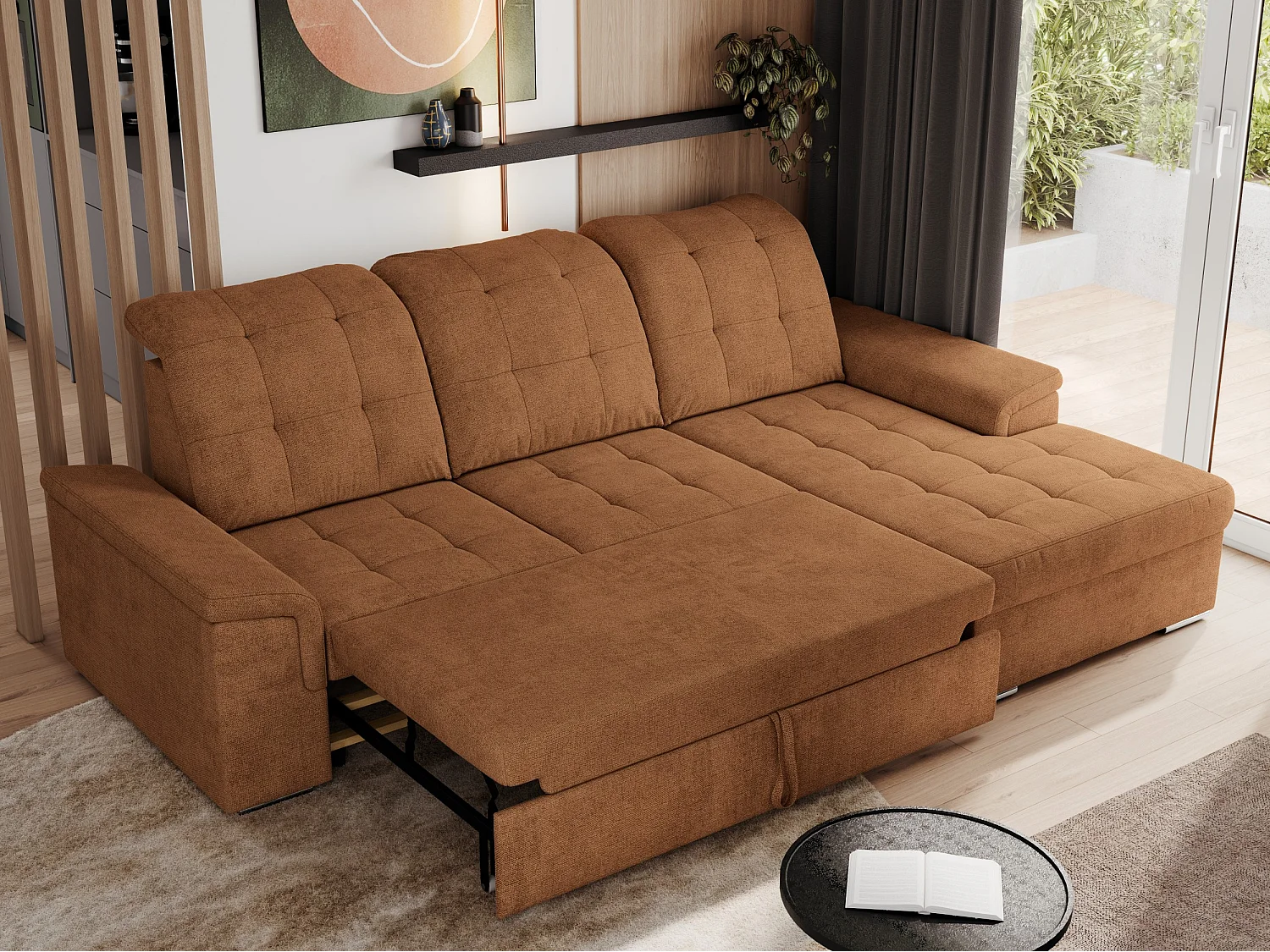 Ecksofa MADRITO - mit verstellbarer Rückenlehne, Armlehnen, gestepptem Sitz und Rückenlehne, Schlaffunktion - Orange Struktur - Ecke Rechts