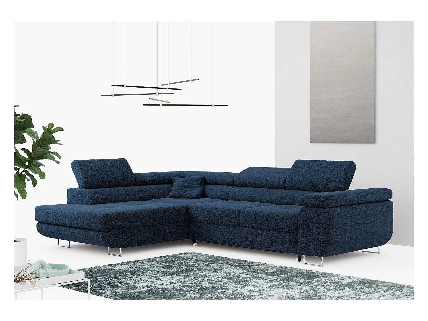 Ecksofa GUSTAW - mit Schlaffunktion, verstellbare Kopfstützen, Metallbeine - Dunkelblau Boucle - Ecke Links