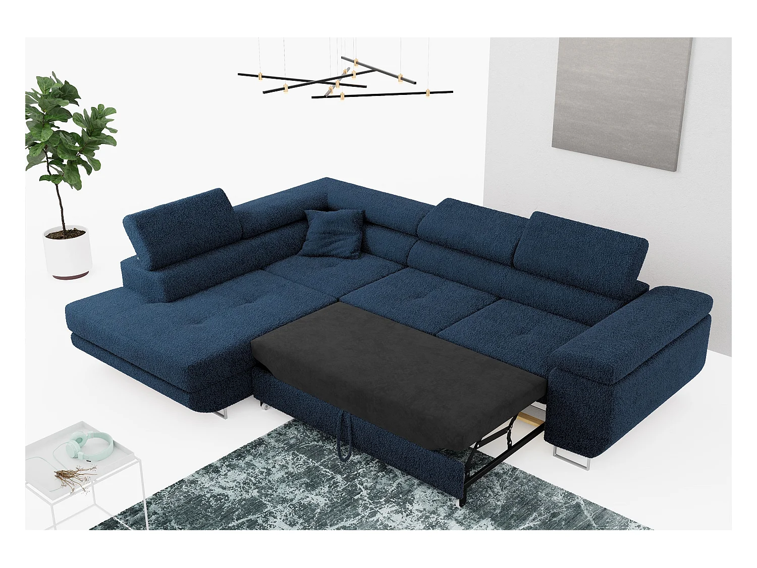 Ecksofa GUSTAW - mit Schlaffunktion, verstellbare Kopfstützen, Metallbeine - Dunkelblau Boucle - Ecke Links