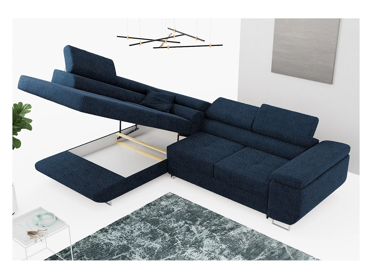 Ecksofa GUSTAW - mit Schlaffunktion, verstellbare Kopfstützen, Metallbeine - Dunkelblau Boucle - Ecke Links