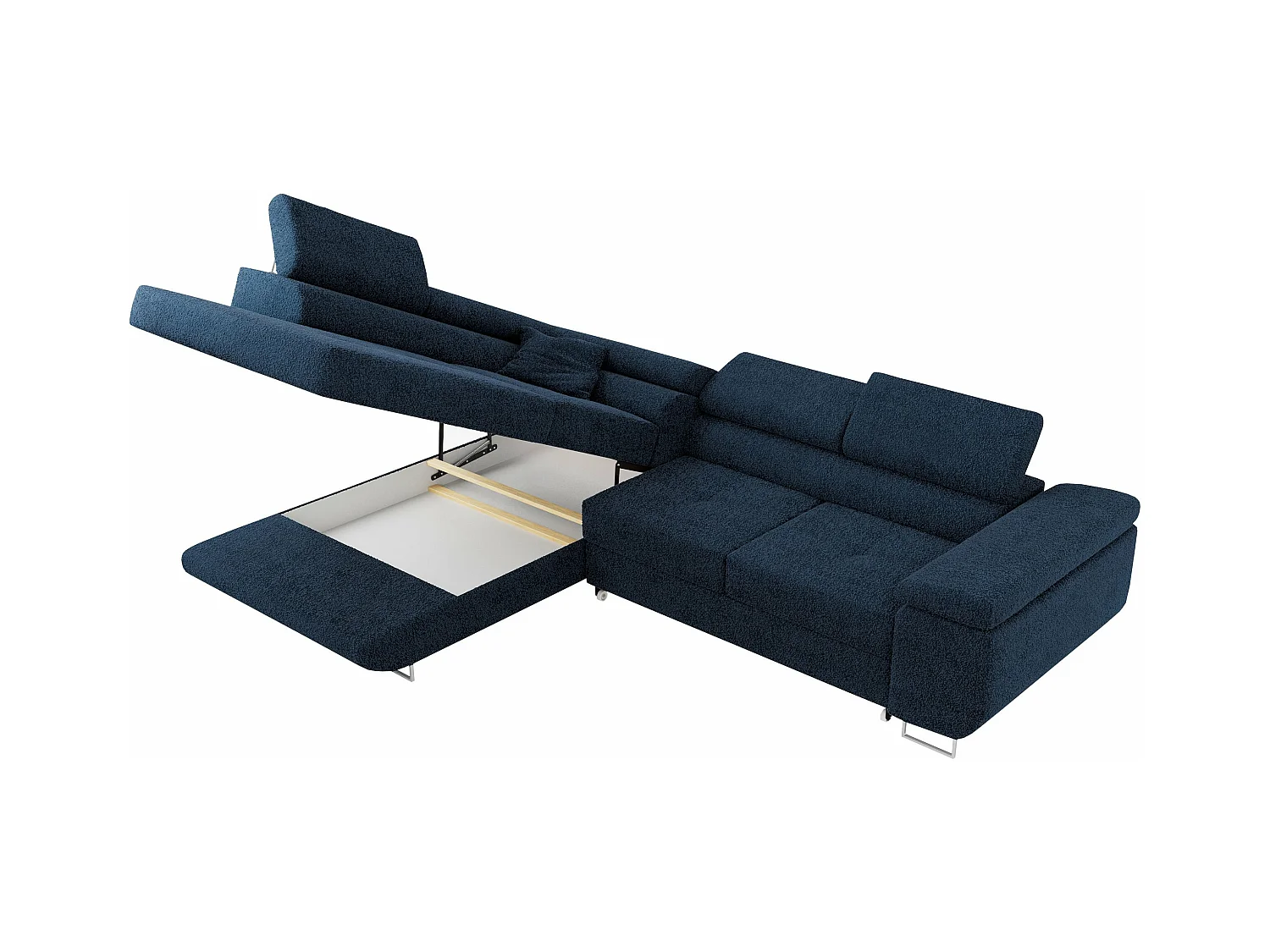 Ecksofa GUSTAW - mit Schlaffunktion, verstellbare Kopfstützen, Metallbeine - Dunkelblau Boucle - Ecke Links