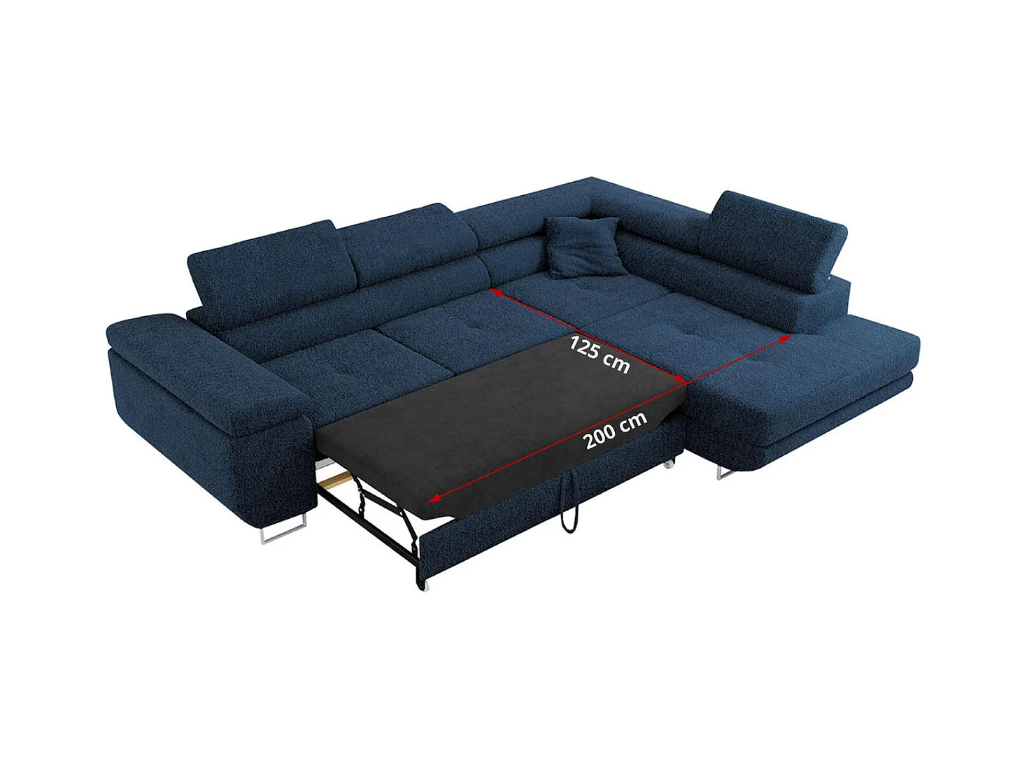 Ecksofa GUSTAW - mit Schlaffunktion, verstellbare Kopfstützen, Metallbeine - Dunkelblau Boucle - Ecke Links