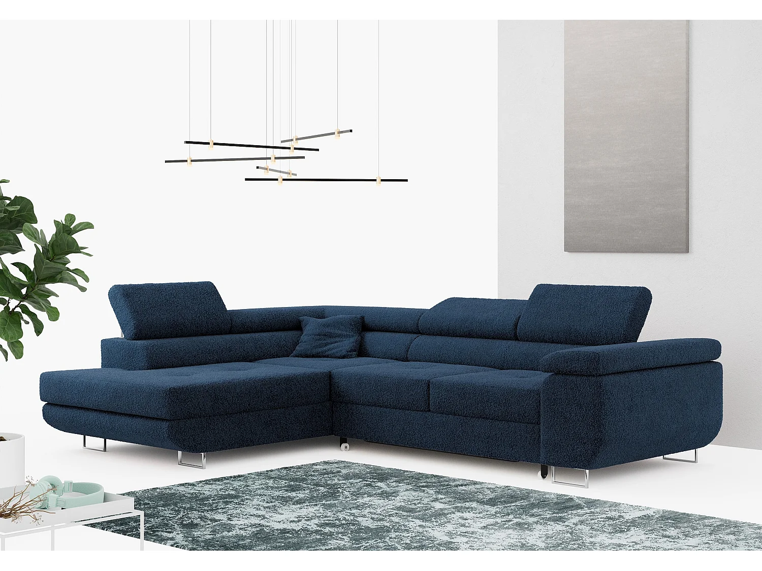 Ecksofa GUSTAW - mit Schlaffunktion, verstellbare Kopfstützen, Metallbeine - Dunkelblau Boucle - Ecke Links