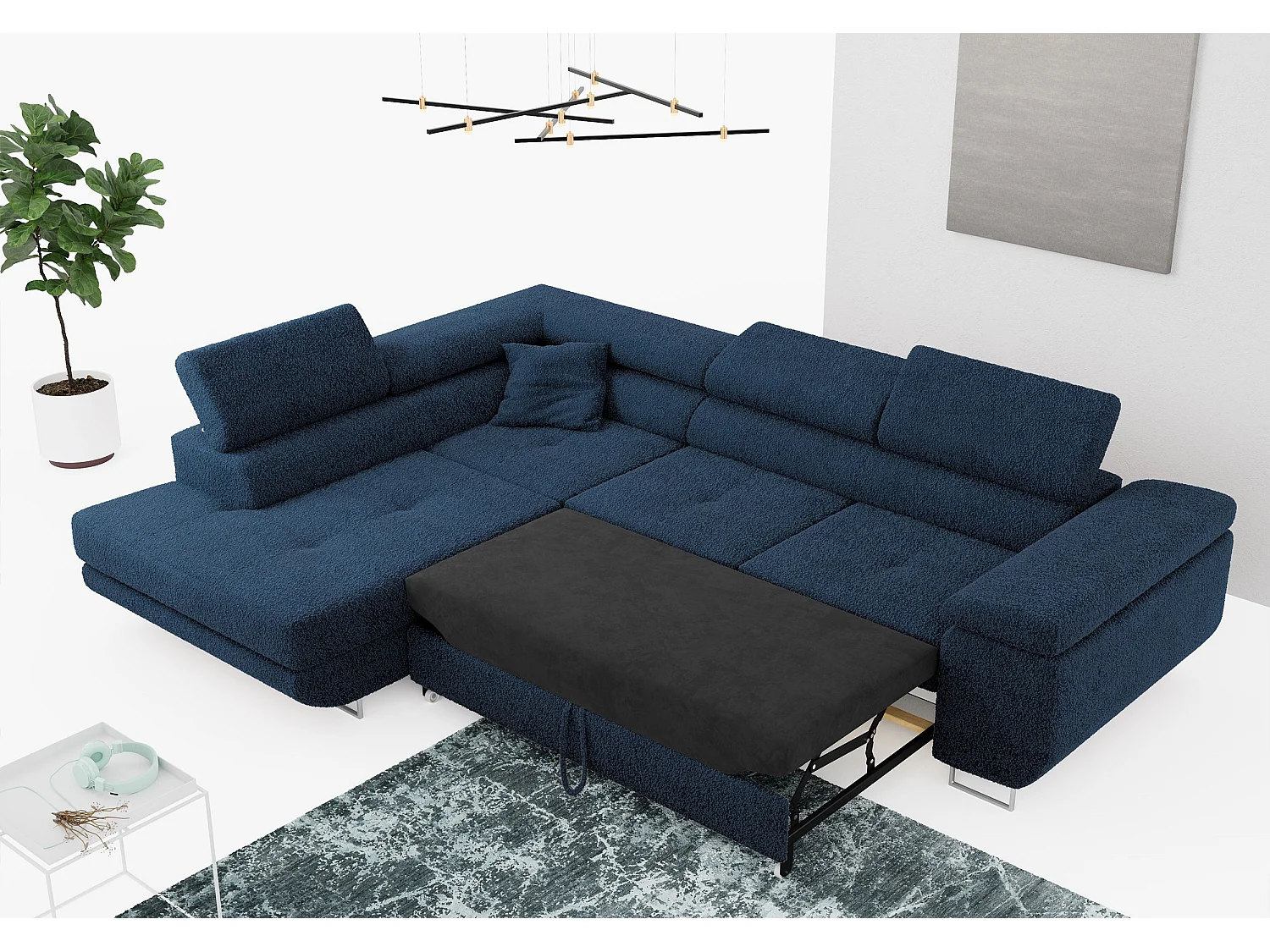 Ecksofa GUSTAW - mit Schlaffunktion, verstellbare Kopfstützen, Metallbeine - Dunkelblau Boucle - Ecke Links