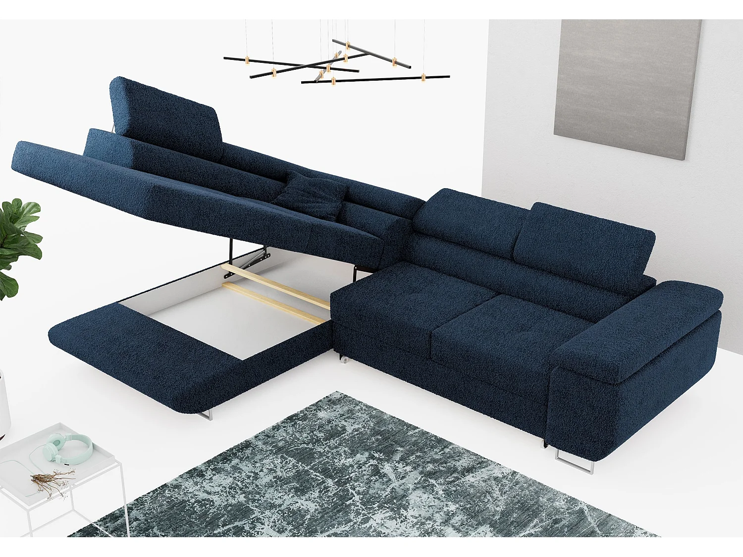 Ecksofa GUSTAW - mit Schlaffunktion, verstellbare Kopfstützen, Metallbeine - Dunkelblau Boucle - Ecke Links