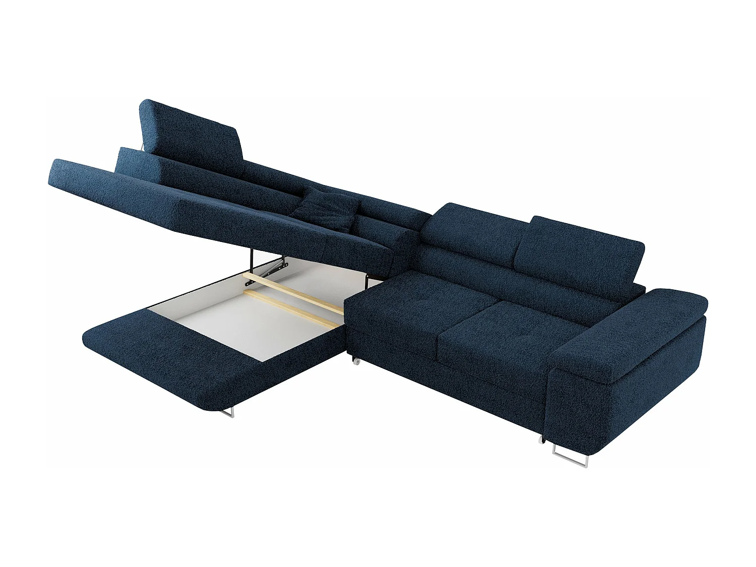 Ecksofa GUSTAW - mit Schlaffunktion, verstellbare Kopfstützen, Metallbeine - Dunkelblau Boucle - Ecke Links