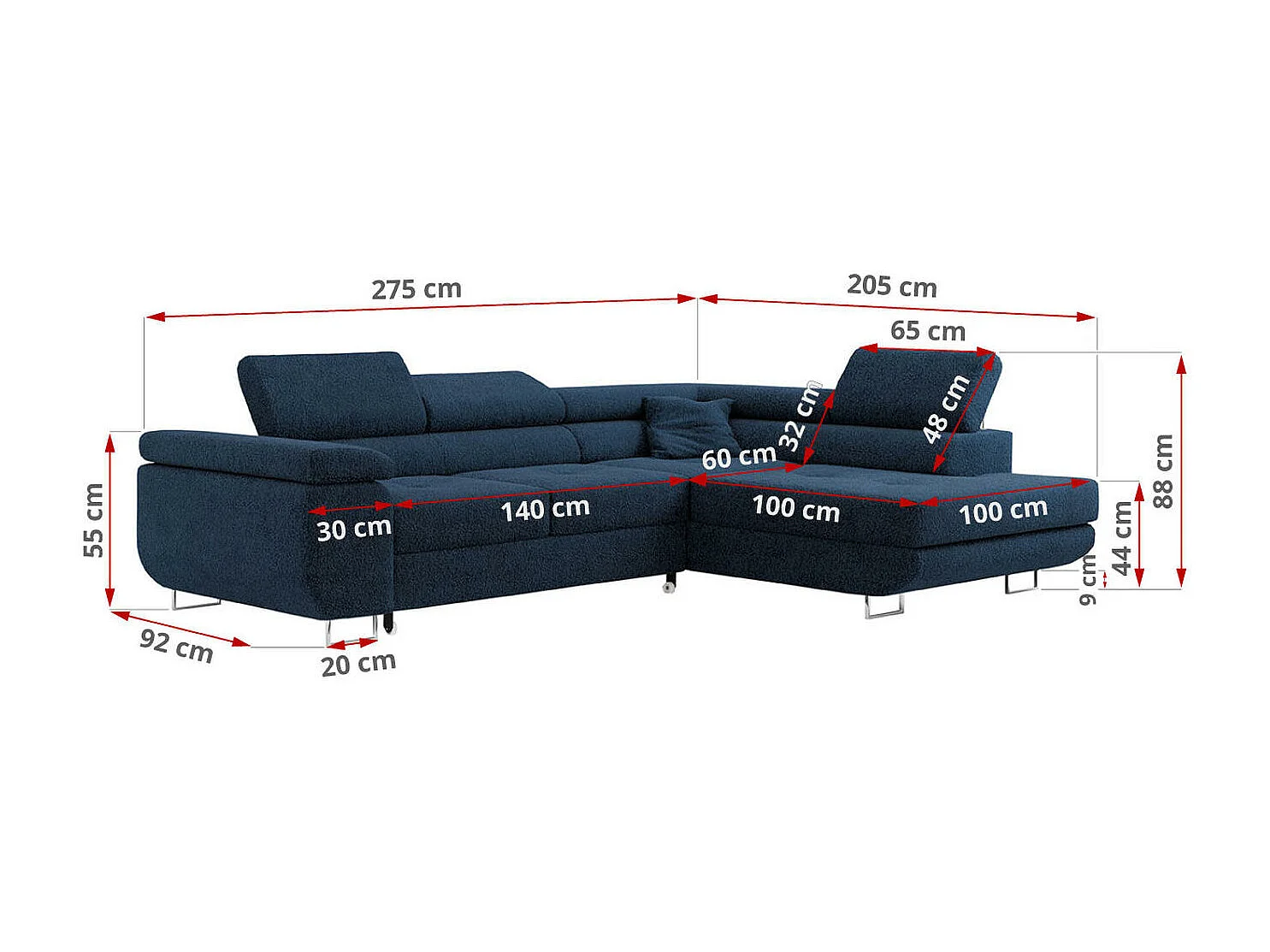 Ecksofa GUSTAW - mit Schlaffunktion, verstellbare Kopfstützen, Metallbeine - Dunkelblau Boucle - Ecke Links