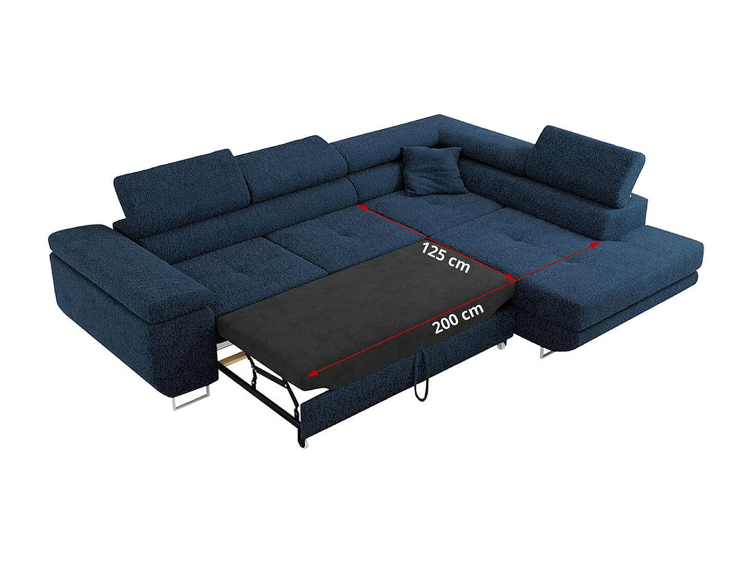 Ecksofa GUSTAW - mit Schlaffunktion, verstellbare Kopfstützen, Metallbeine - Dunkelblau Boucle - Ecke Links